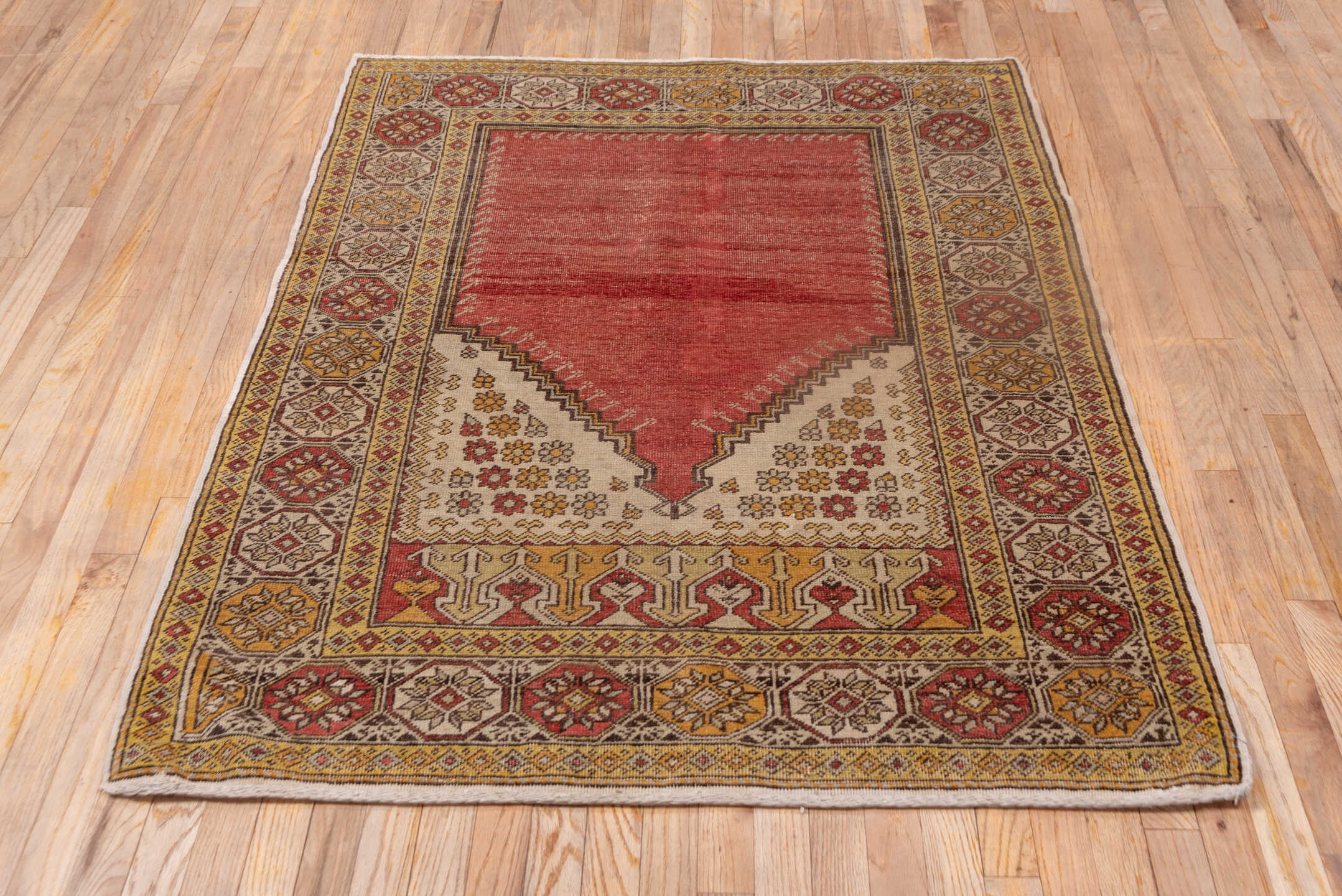4' x 5' one-of-a-kind handmade vintage Oushak small size rug. Color palette: coral, ivory, gold, rust, saffron, brown