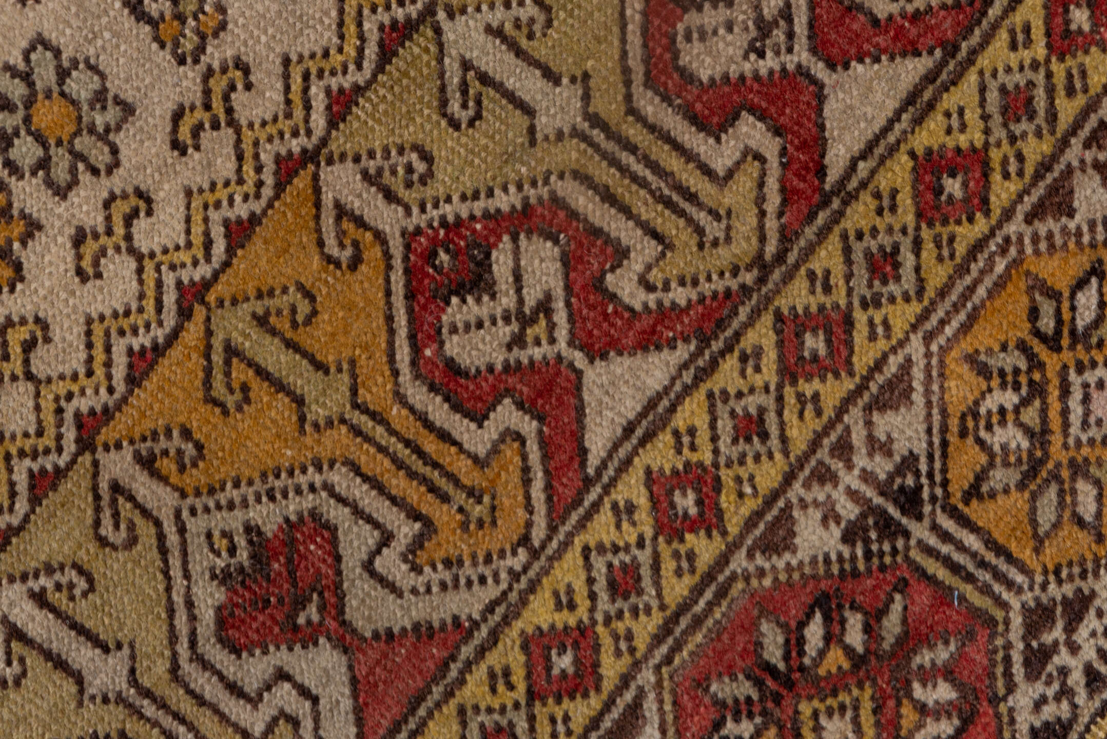 4' x 5' one-of-a-kind handmade vintage Oushak small size rug. Color palette: coral, ivory, gold, rust, saffron, brown