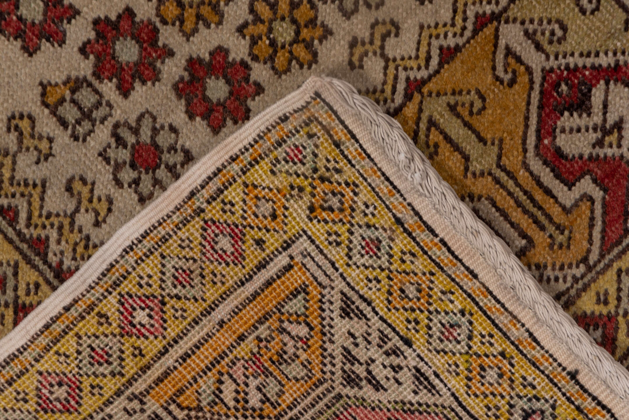 4' x 5' one-of-a-kind handmade vintage Oushak small size rug. Color palette: coral, ivory, gold, rust, saffron, brown