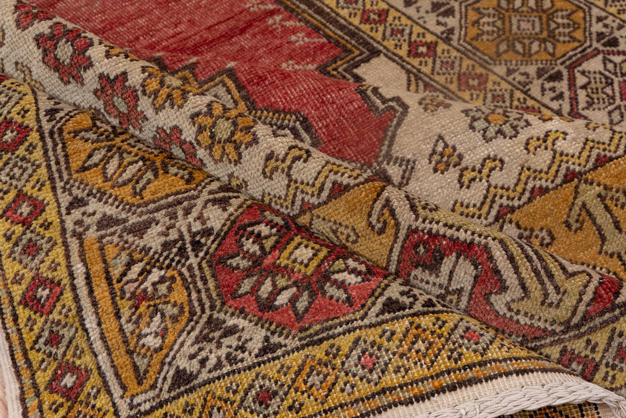 4' x 5' one-of-a-kind handmade vintage Oushak small size rug. Color palette: coral, ivory, gold, rust, saffron, brown