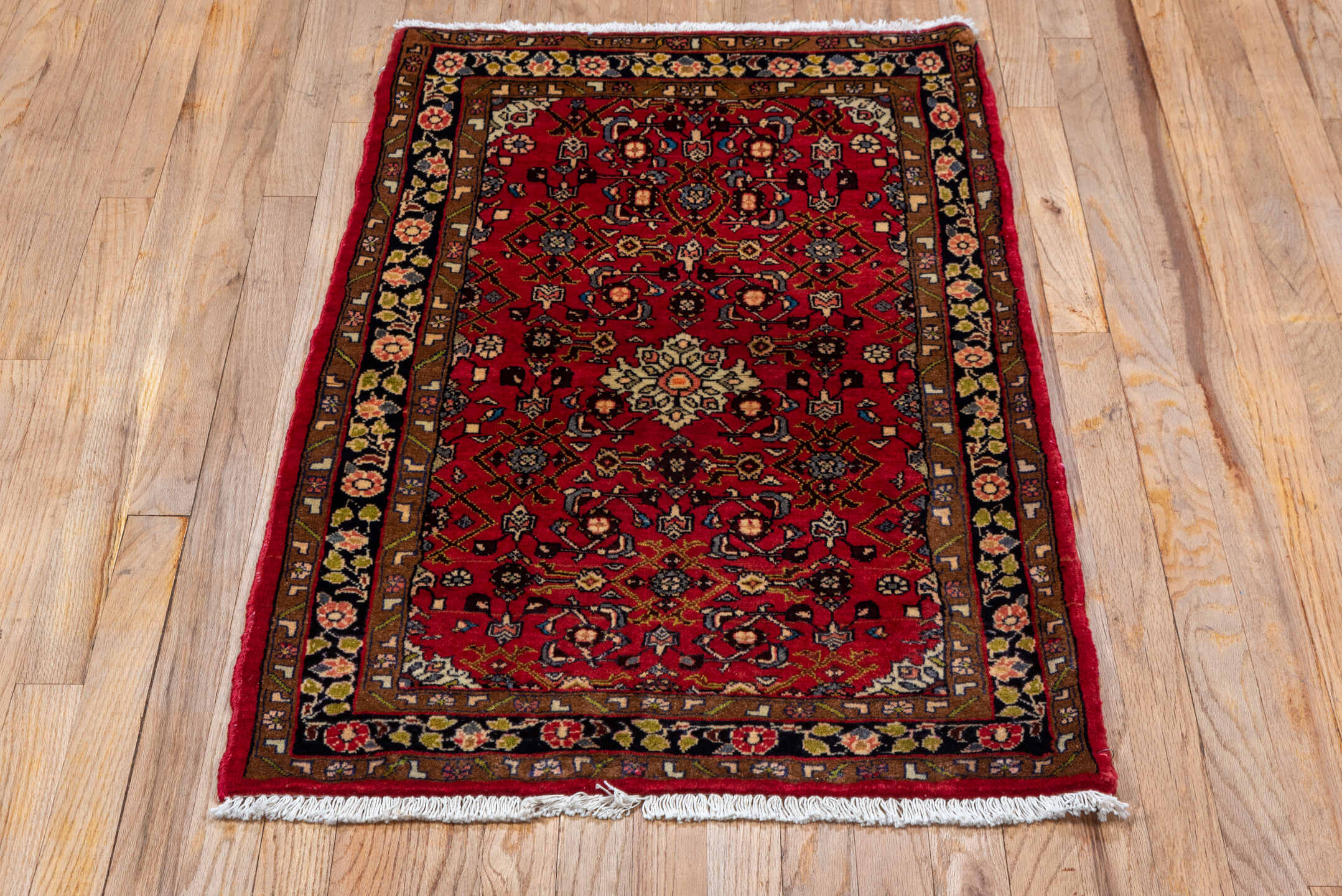 2' x 4' one-of-a-kind handmade vintage Hamadan small size rug. Color palette: rust, red, brown, ivory, navy, rose, camel