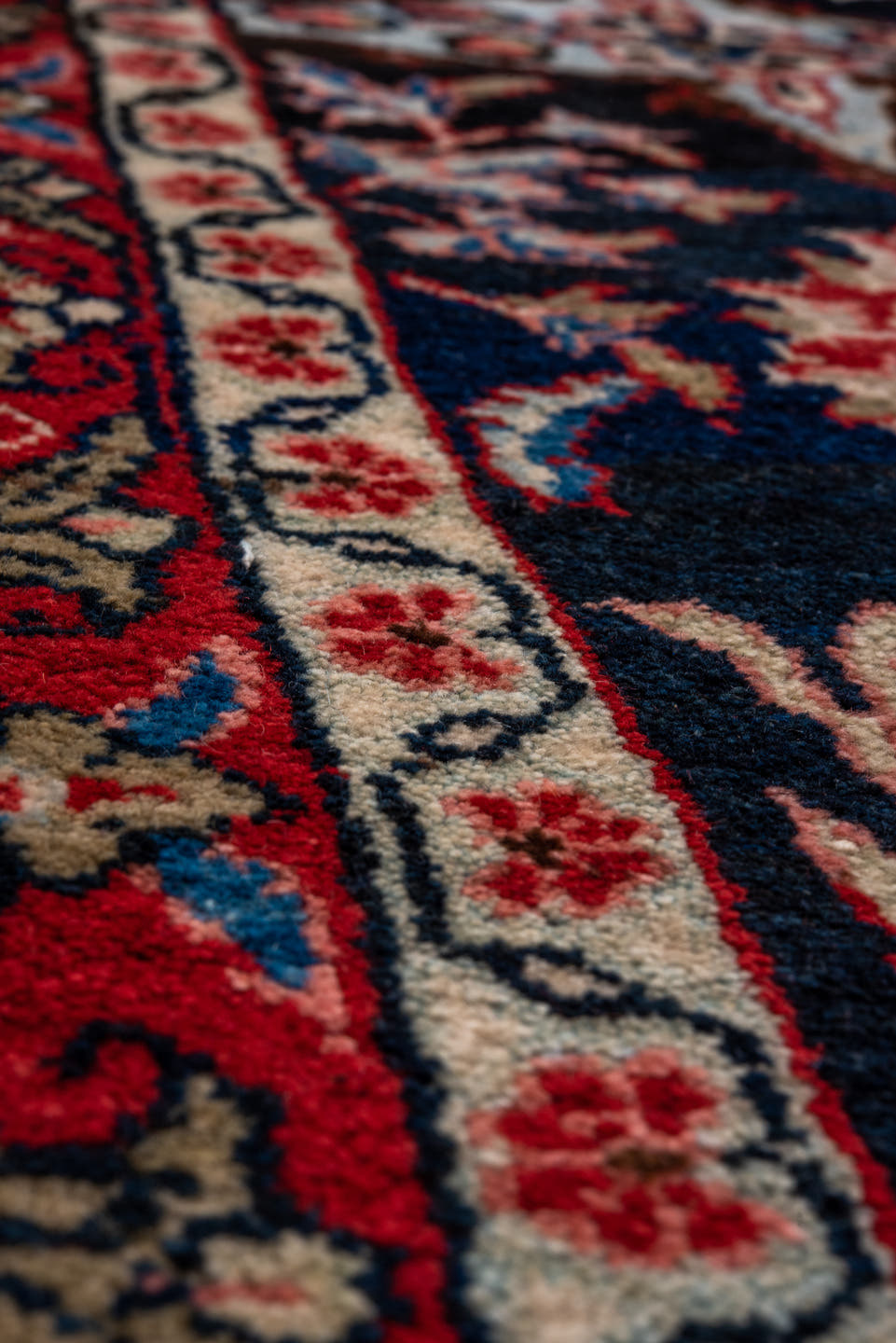 4' x 10' one-of-a-kind handmade vintage Mahal runner rug. Color palette: navy, rust, ivory, sky blue, camel, coral, slate