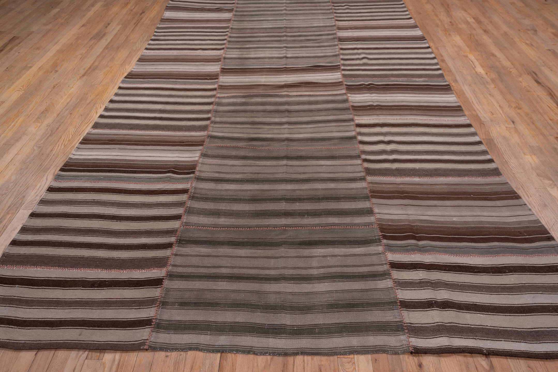 7' x 13' one-of-a-kind handmade antique Kilim large size rug. Color palette: taupe, brown, ivory, gray, charcoal, rose