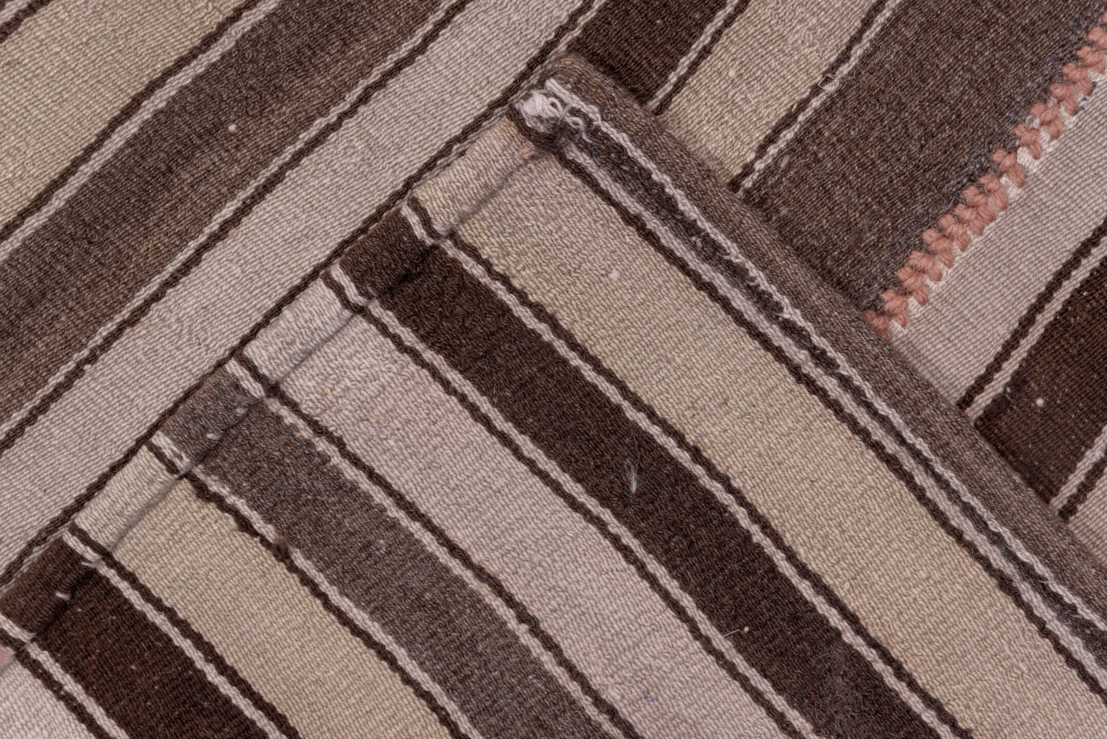 7' x 13' one-of-a-kind handmade antique Kilim large size rug. Color palette: taupe, brown, ivory, gray, charcoal, rose