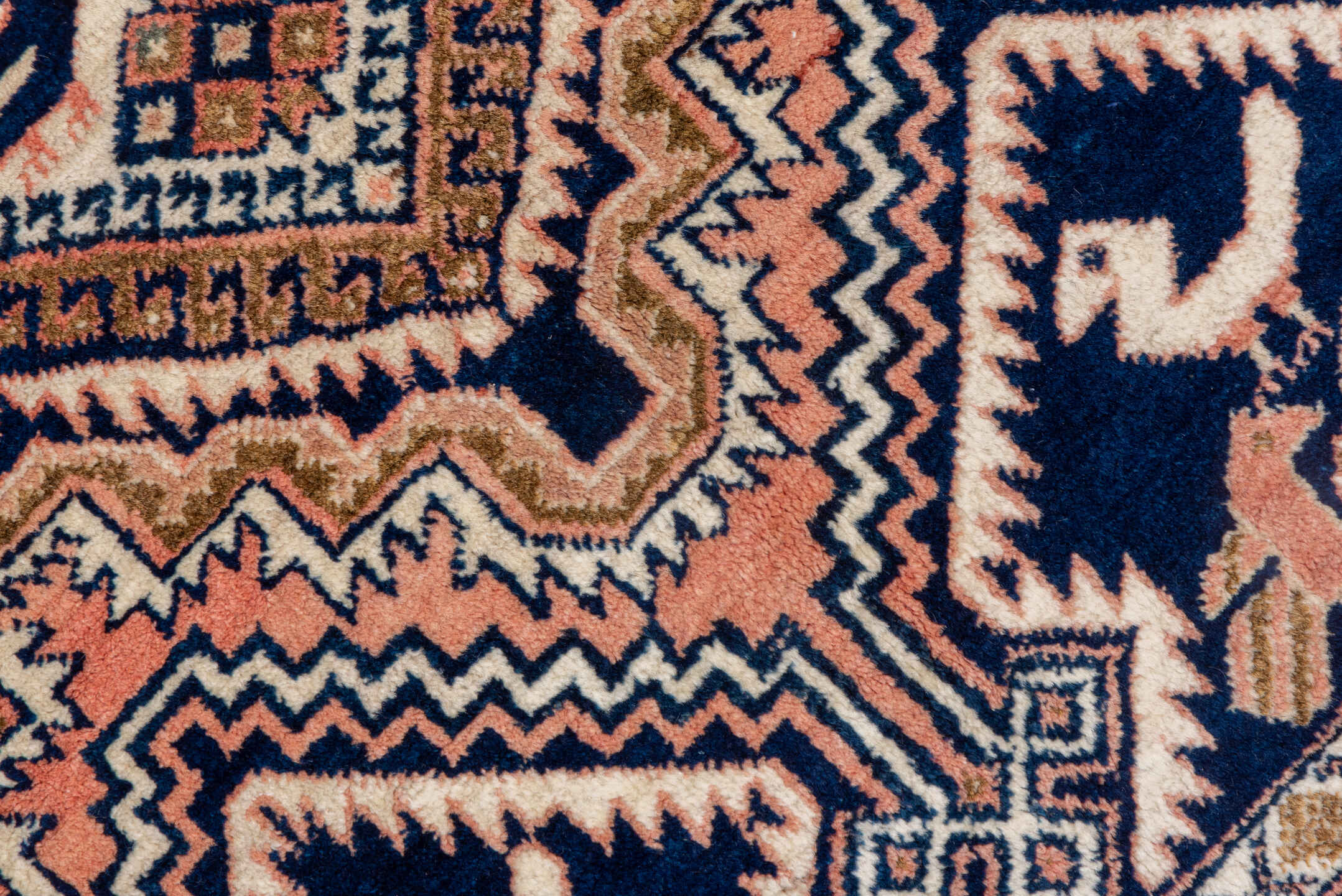 4' x 5' one-of-a-kind handmade antique Afshar small size rug. Color palette: navy, ivory, blush, taupe, rose, camel, blue