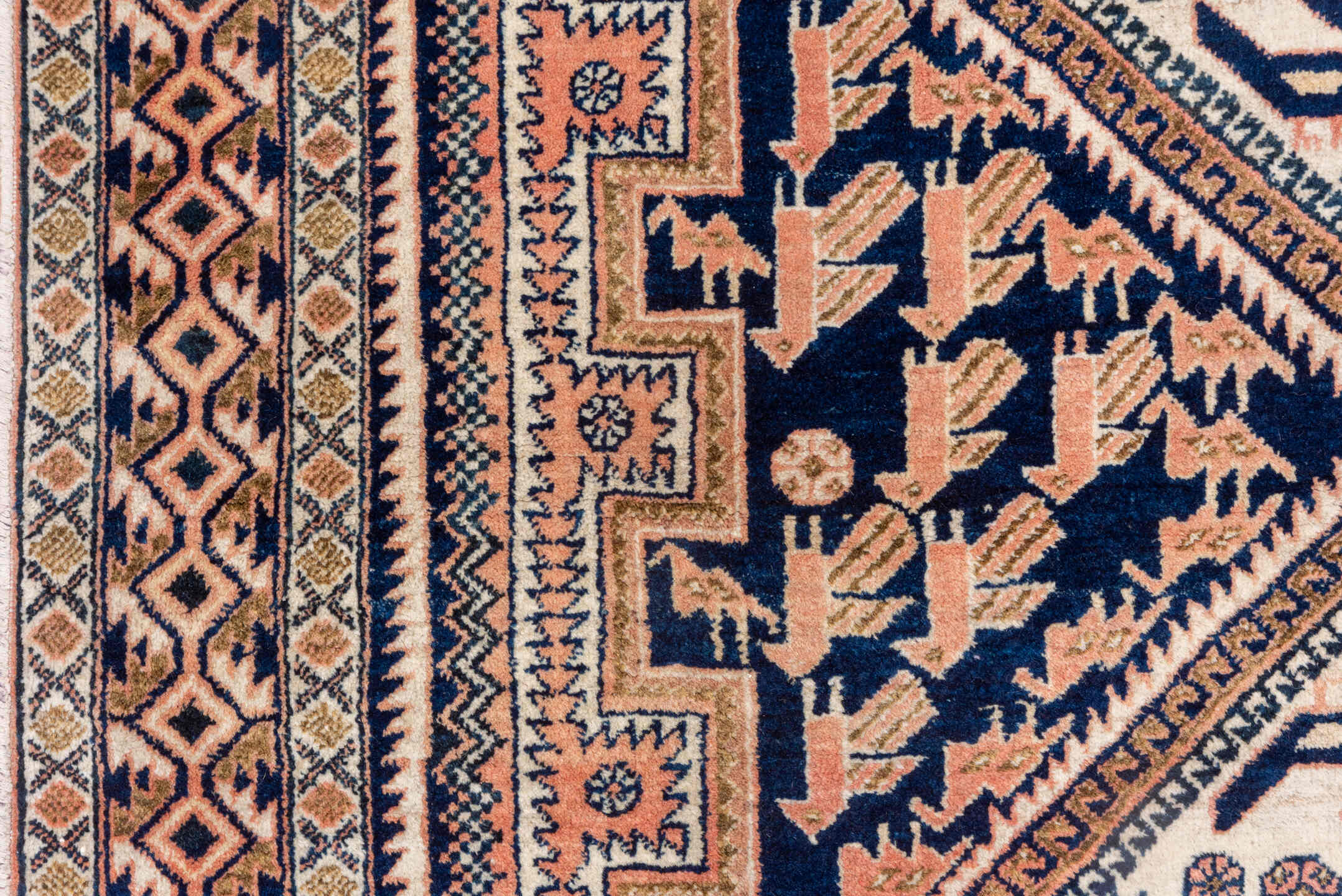 4' x 5' one-of-a-kind handmade antique Afshar small size rug. Color palette: navy, ivory, blush, taupe, rose, camel, blue