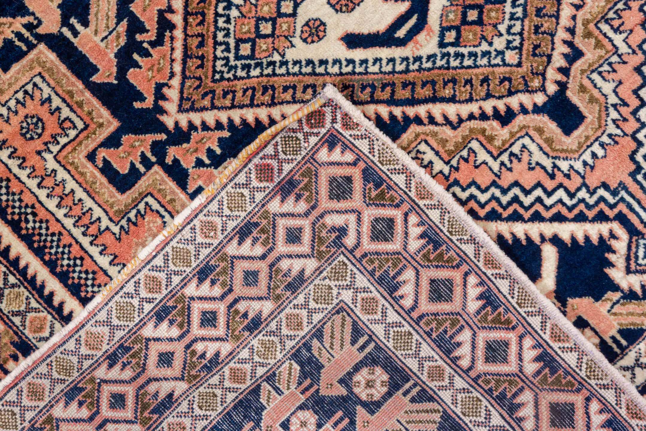 4' x 5' one-of-a-kind handmade antique Afshar small size rug. Color palette: navy, ivory, blush, taupe, rose, camel, blue