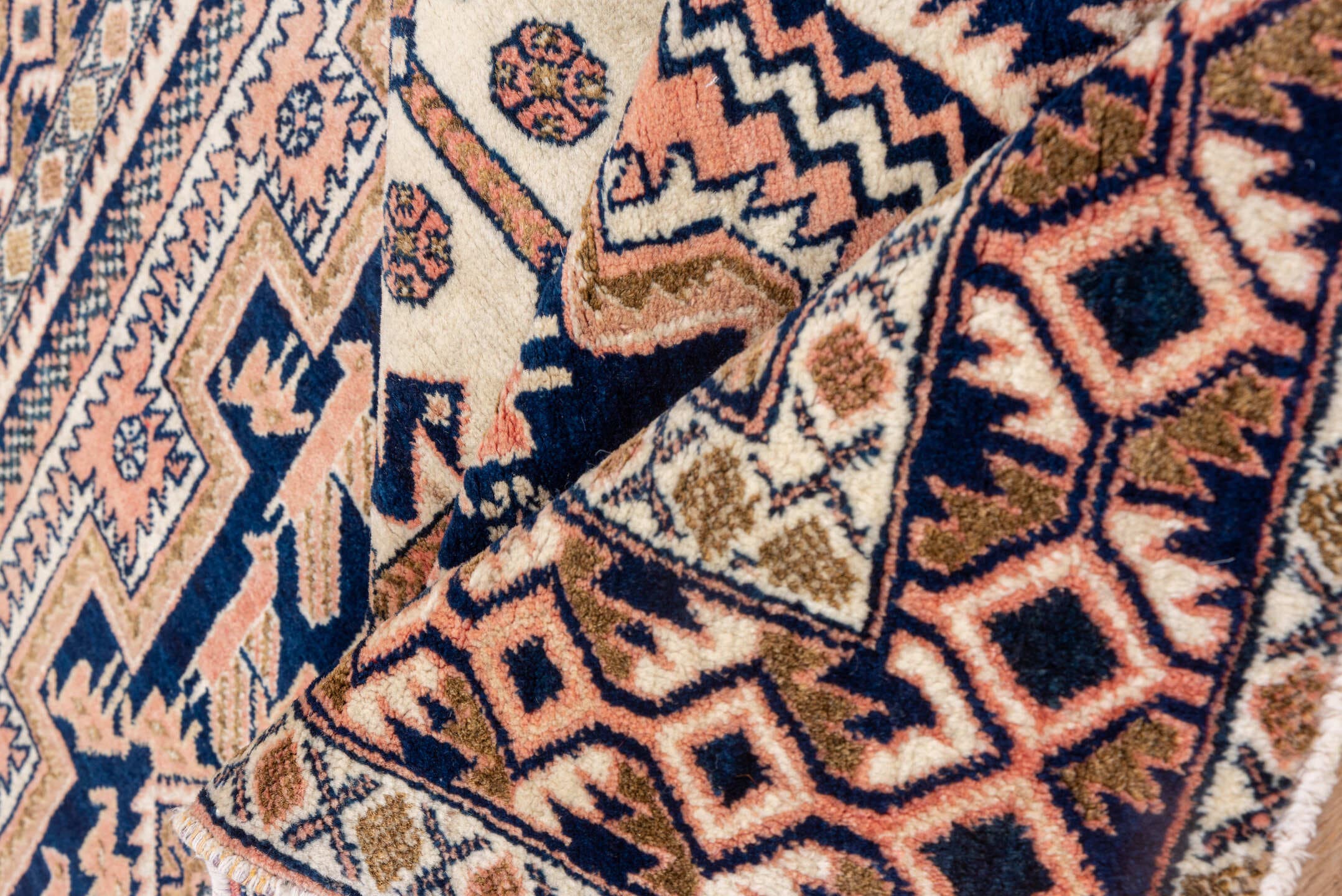 4' x 5' one-of-a-kind handmade antique Afshar small size rug. Color palette: navy, ivory, blush, taupe, rose, camel, blue