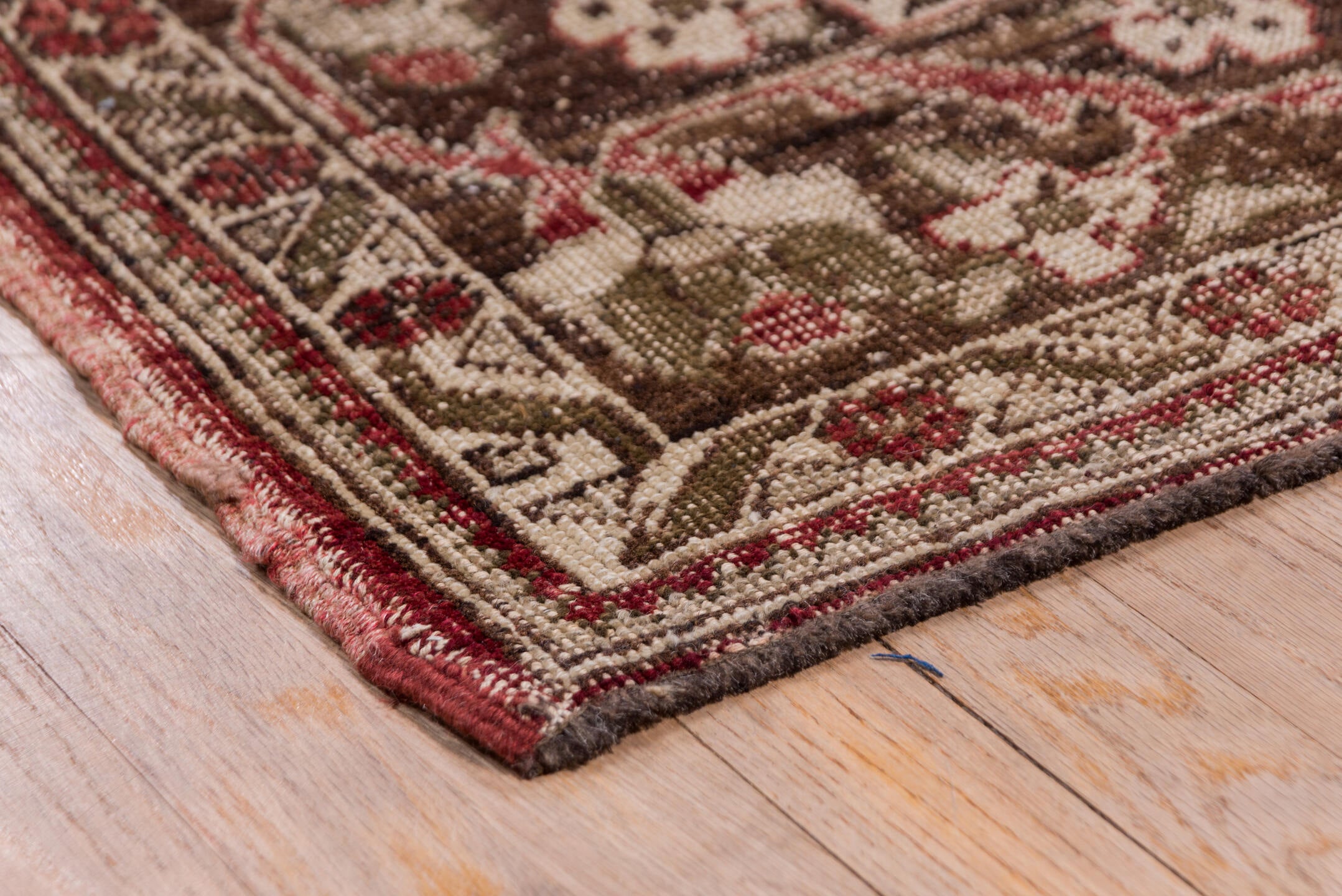 7' x 10' one-of-a-kind handmade vintage Oushak large size rug. Color palette: brown, pink, red, redwood