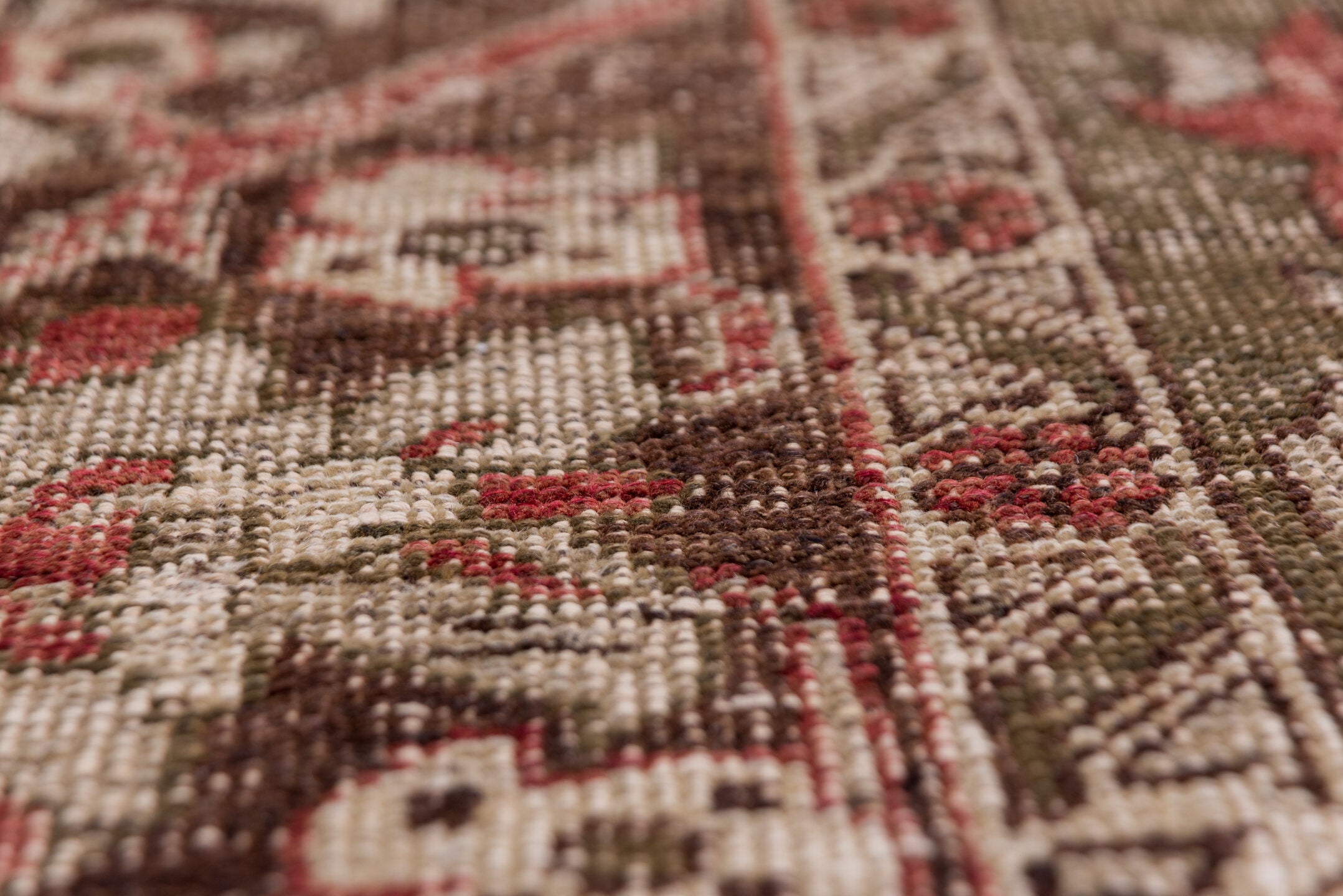 7' x 10' one-of-a-kind handmade vintage Oushak large size rug. Color palette: brown, pink, red, redwood