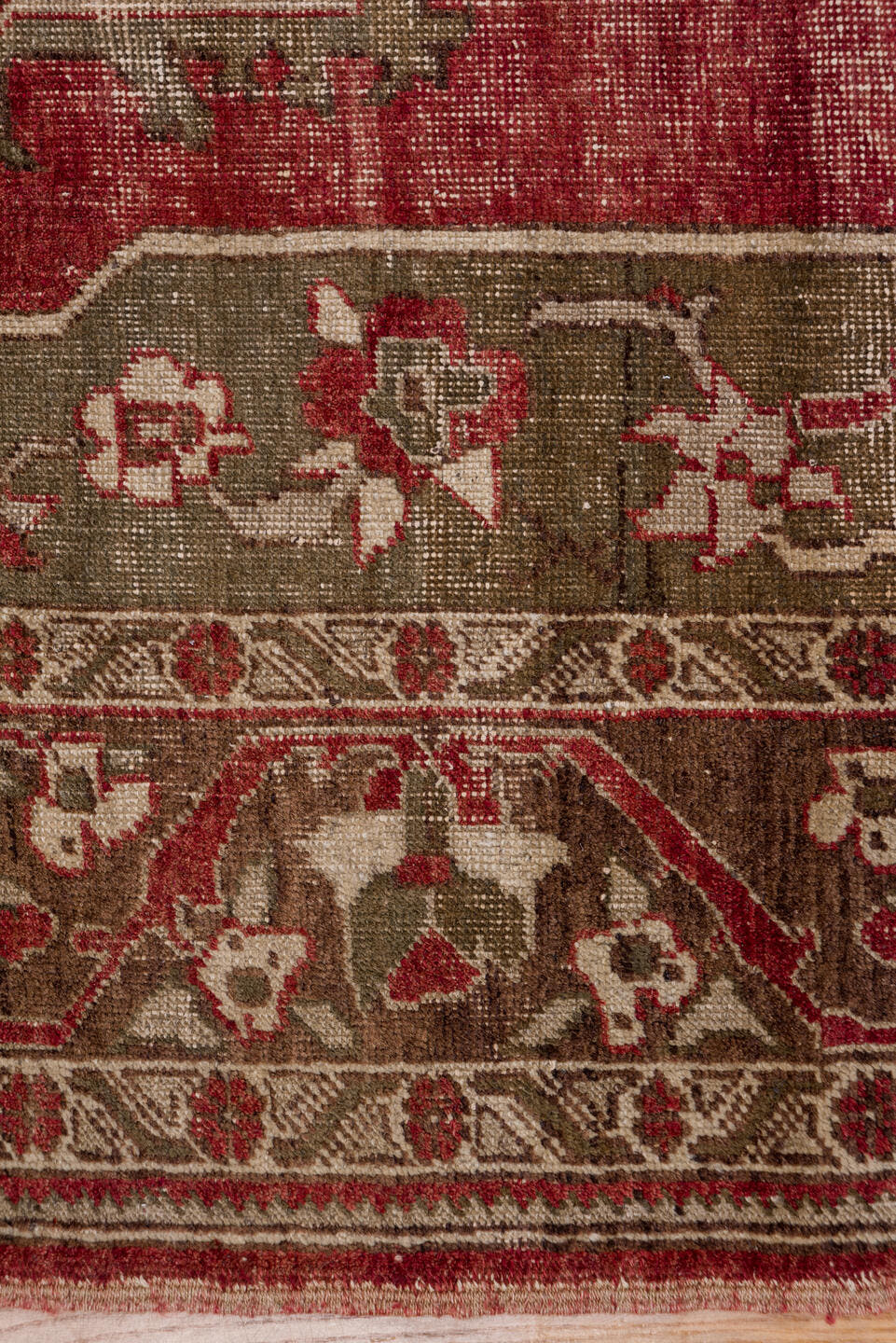 7' x 10' one-of-a-kind handmade vintage Oushak large size rug. Color palette: red, olive, ivory, brown, taupe, charcoal