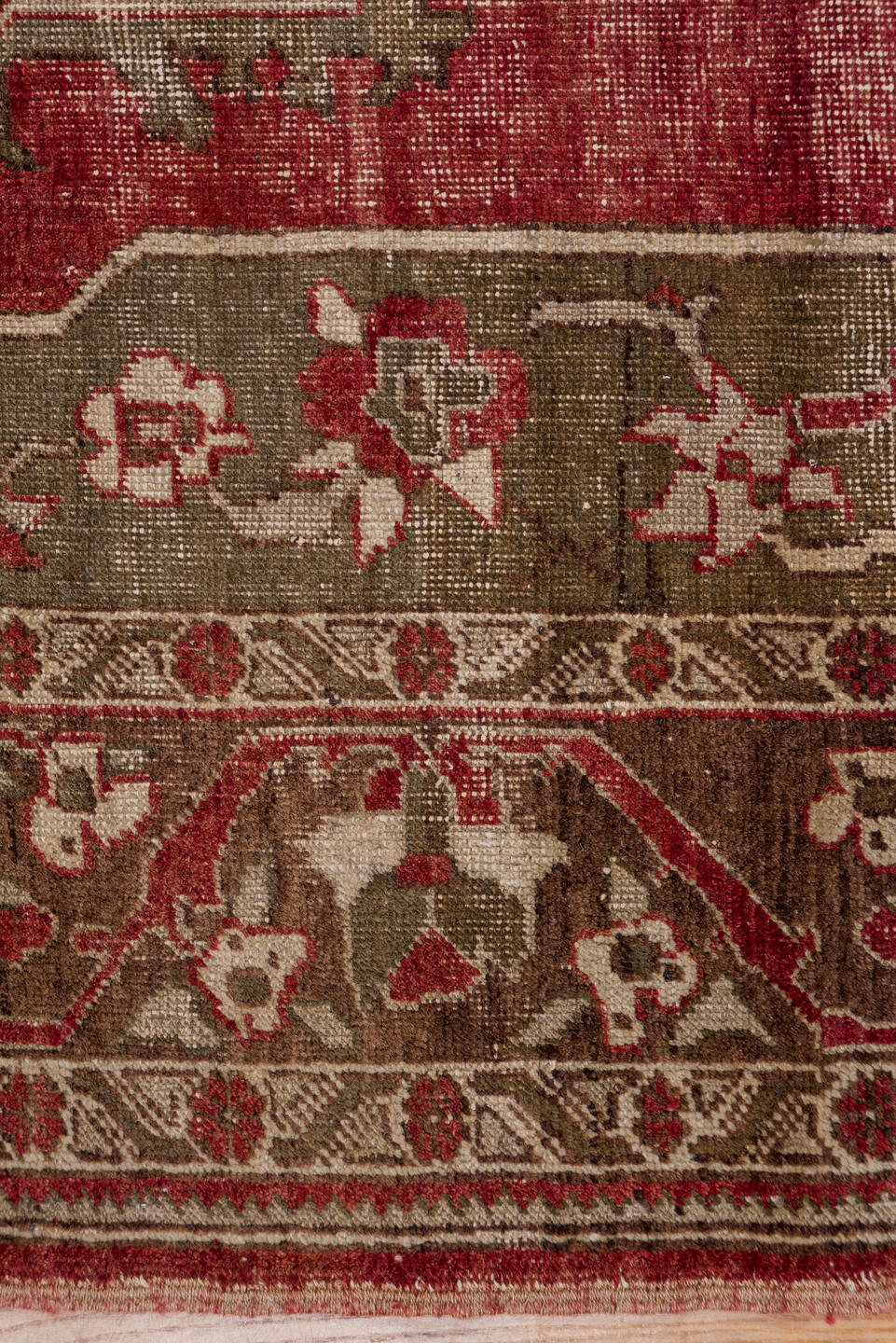 7' x 10' one-of-a-kind handmade vintage Oushak large size rug. Color palette: red, olive, ivory, brown, taupe, charcoal