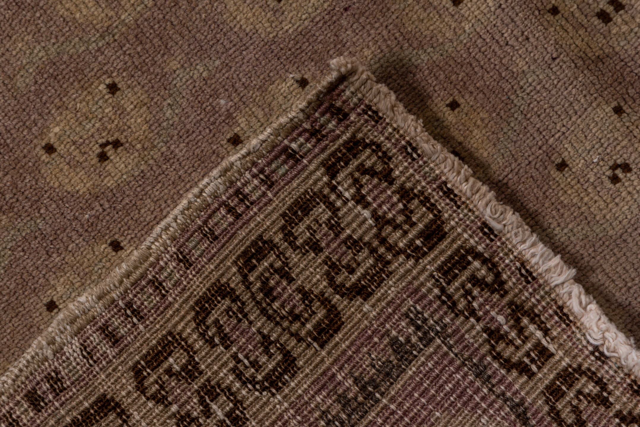 4' x 10' one-of-a-kind handmade vintage Oushak runner rug. Color palette: blush, taupe, brown, ivory, pink, beige, gray