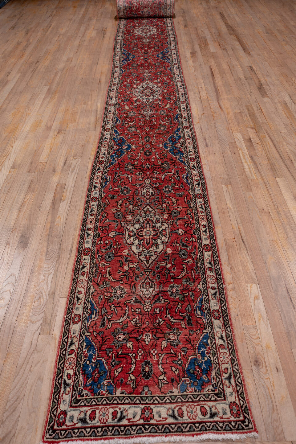 2' x 40' one-of-a-kind handmade vintage Dargazin runner rug. Color palette: rust, ivory, navy, charcoal, rose, slate