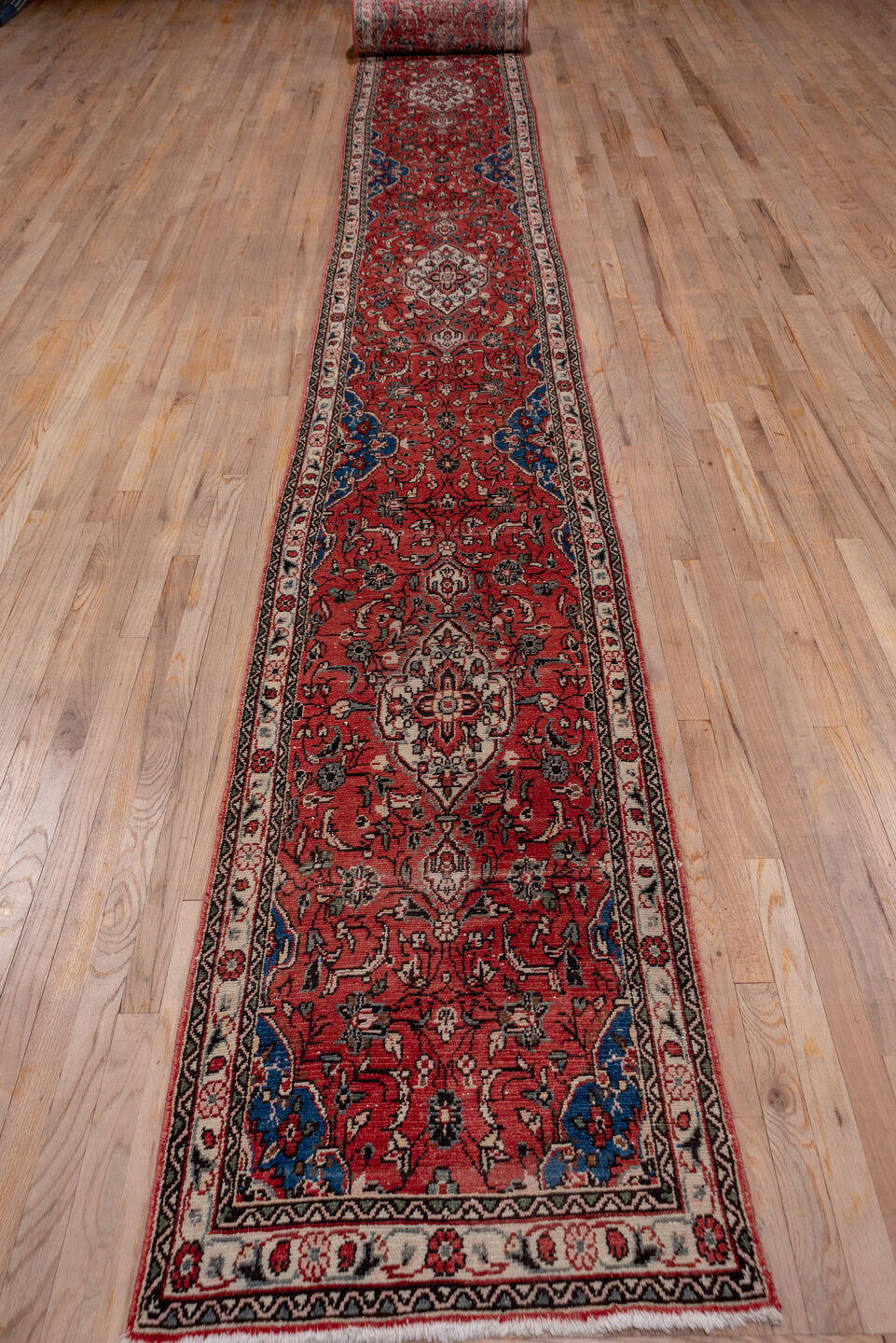 2' x 40' one-of-a-kind handmade vintage Dargazin runner rug. Color palette: brown, gray, off-white, pink, red, snow, white