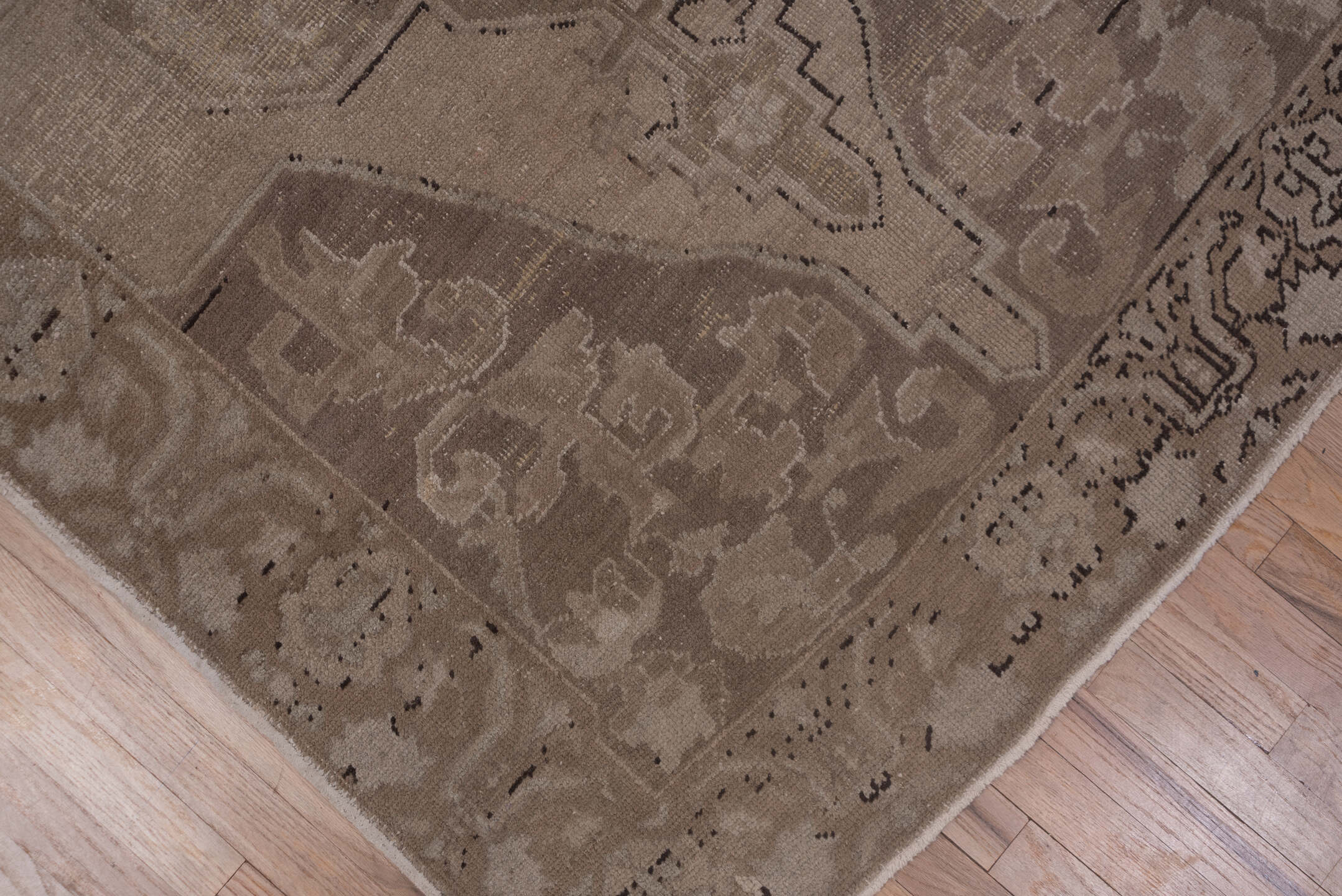4' x 8' one-of-a-kind handmade vintage Oushak rug. Color palette: taupe, beige, brown, ivory, camel, charcoal, gray, black
