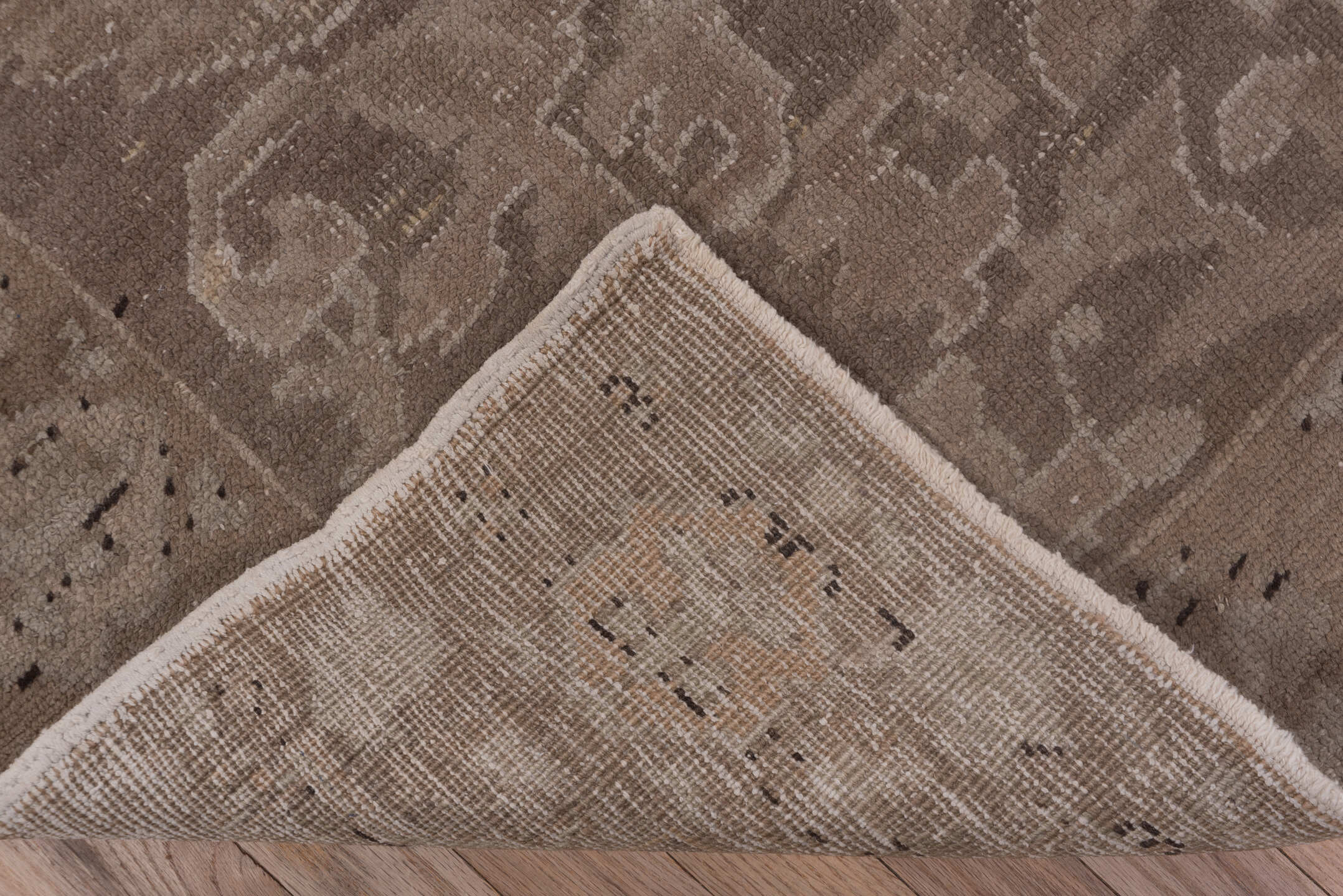 4' x 8' one-of-a-kind handmade vintage Oushak rug. Color palette: taupe, beige, brown, ivory, camel, charcoal, gray, black