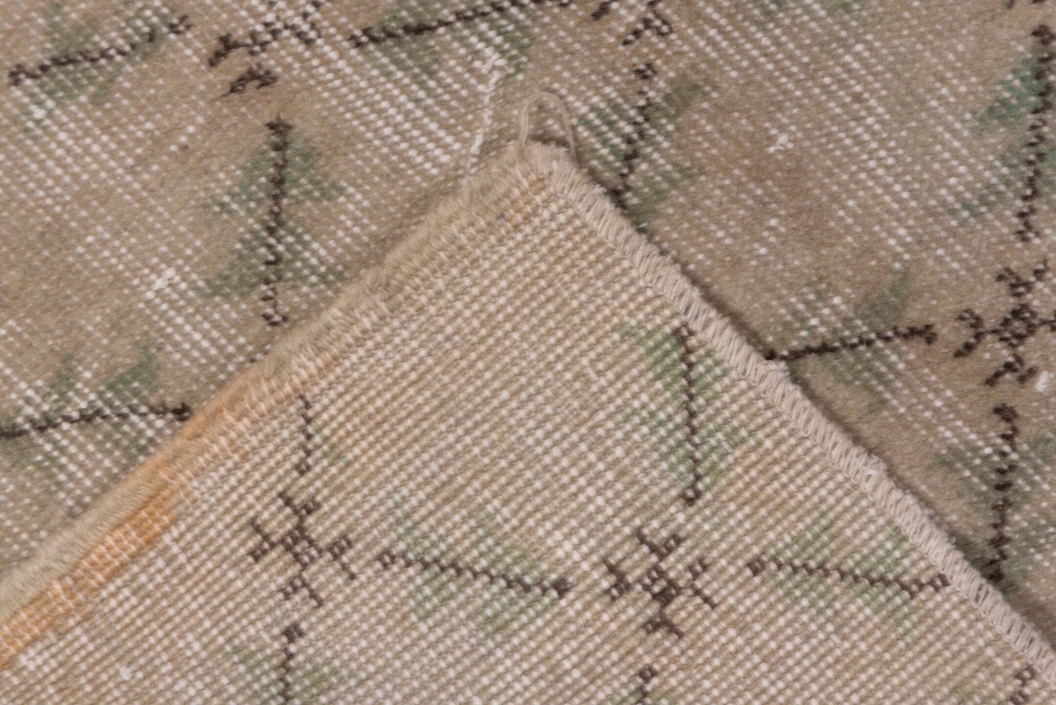 5' x 8' one-of-a-kind handmade vintage Konya medium size rug. Color palette: taupe, beige, charcoal, sage, ivory, gray