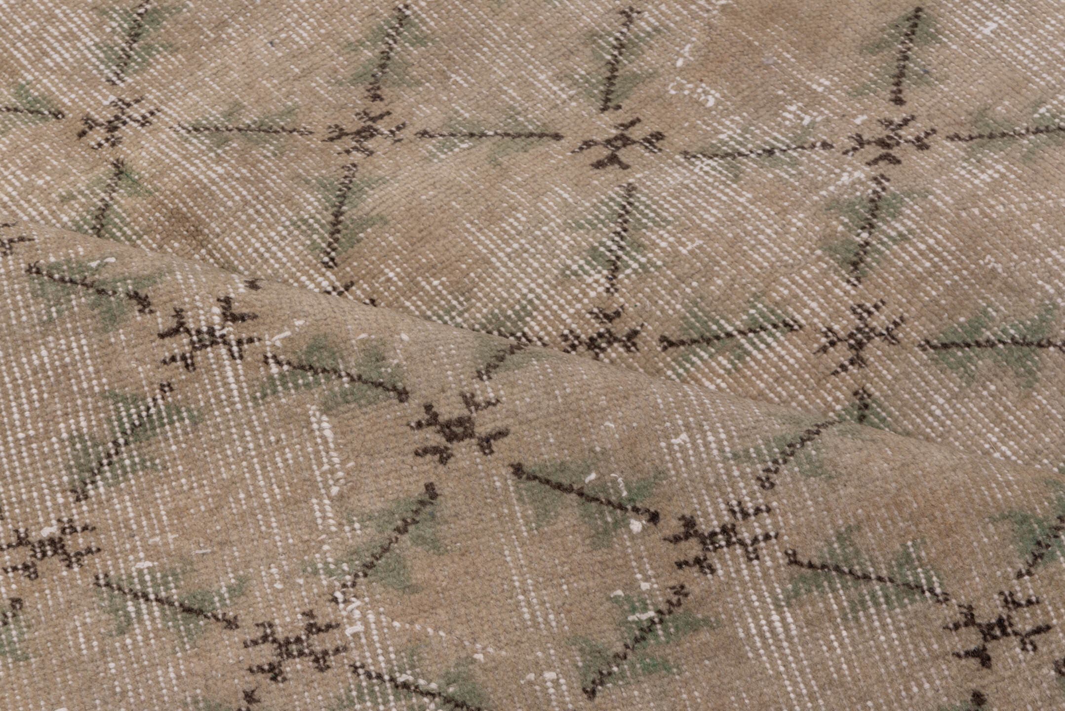 5' x 8' one-of-a-kind handmade vintage Konya medium size rug. Color palette: taupe, beige, charcoal, sage, ivory, gray