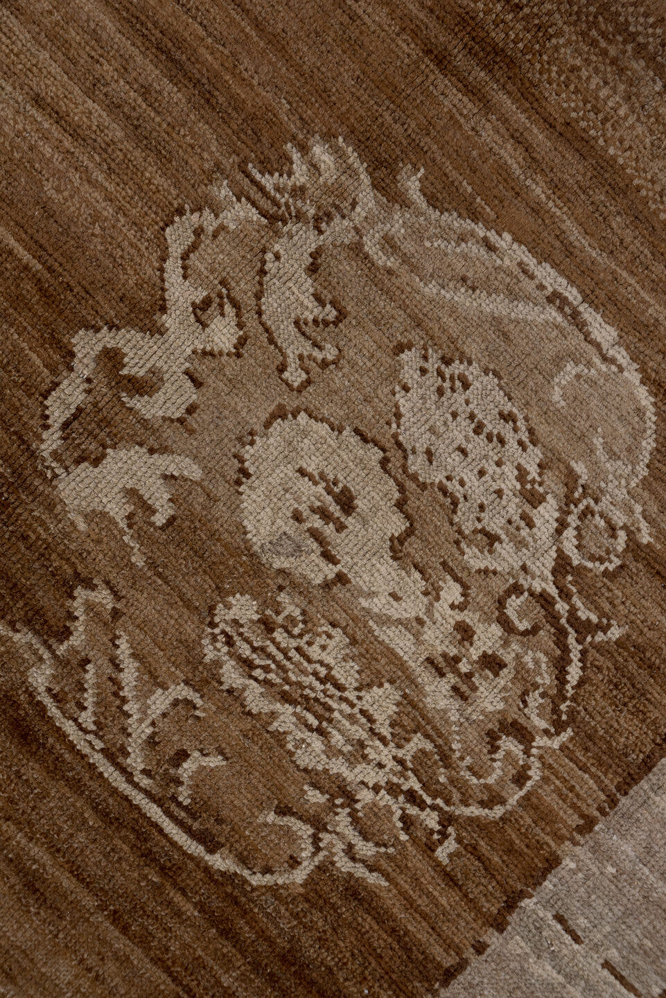 7' x 9' one-of-a-kind handmade vintage Oushak rug. Color palette: brown, taupe, ivory, beige, camel, gray