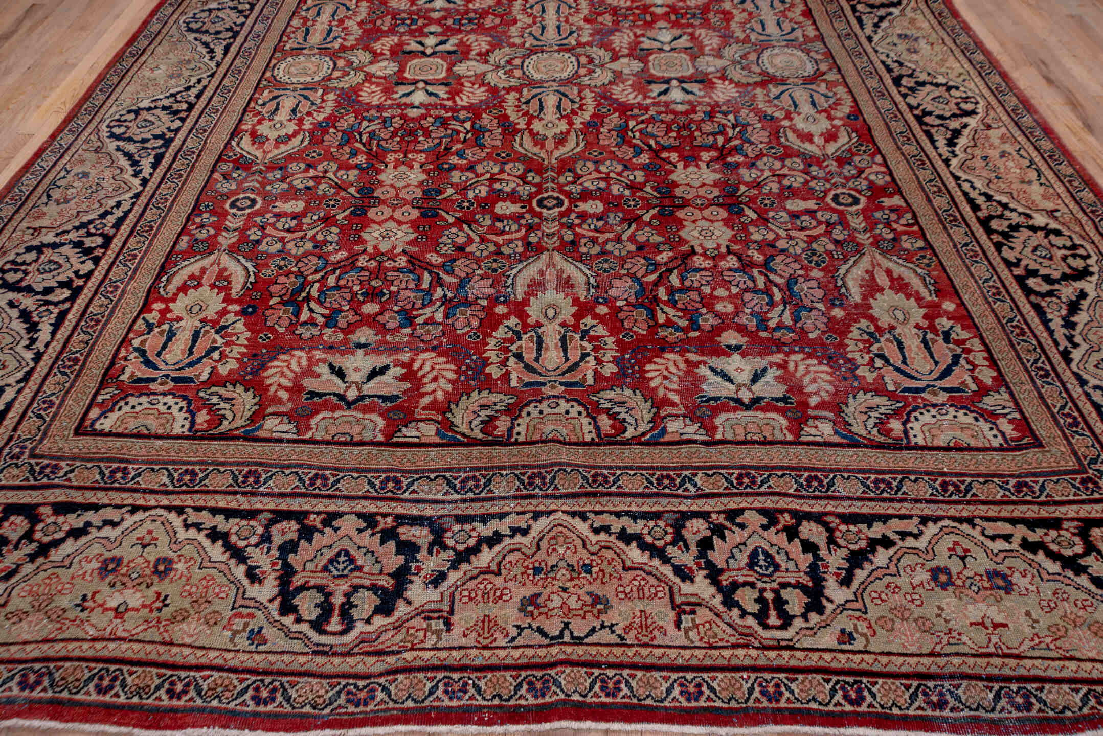 11' x 17' one-of-a-kind handmade vintage Mahal oversize rug. Color palette: black, blue, brown, charcoal, fiord, gray