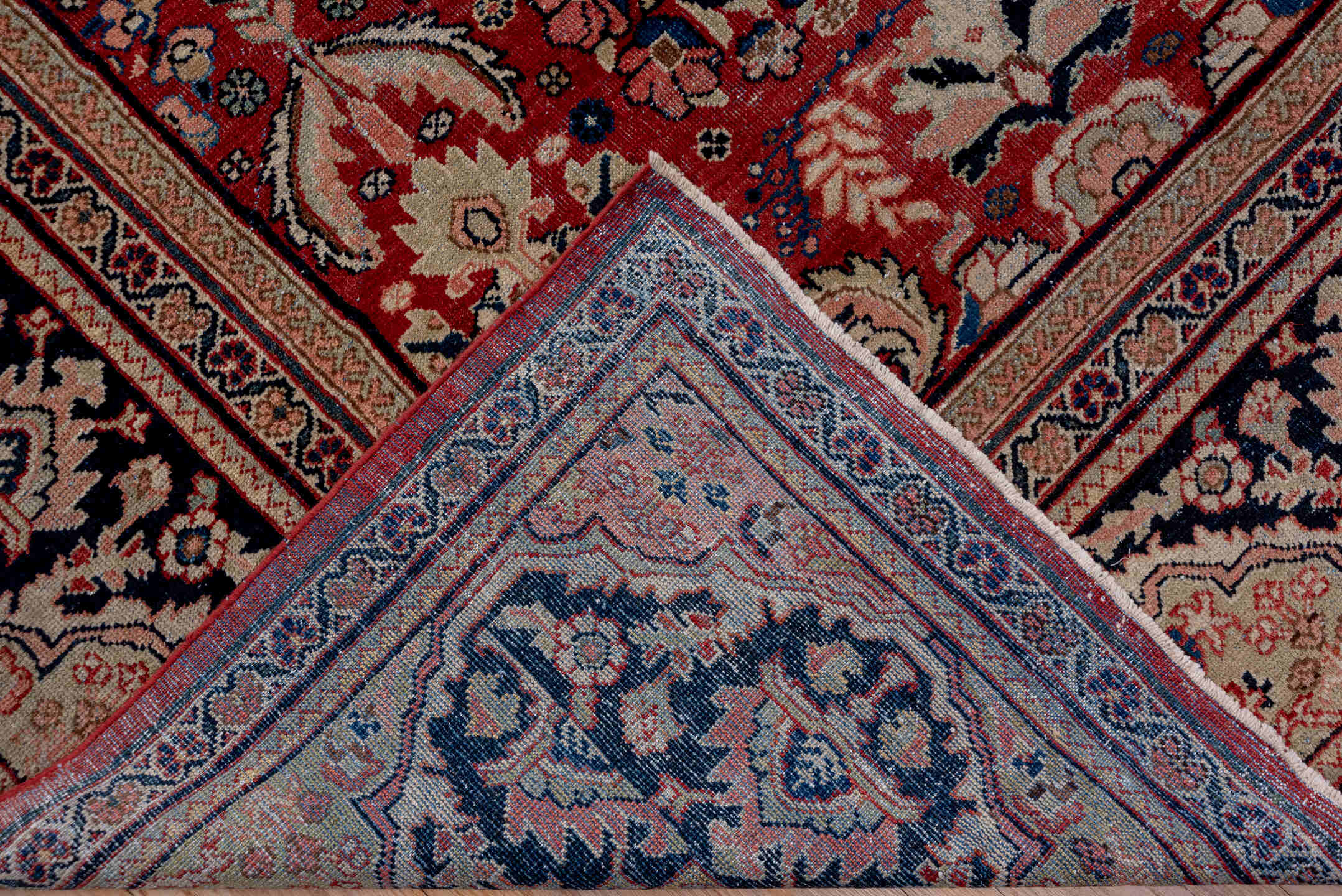 11' x 17' one-of-a-kind handmade vintage Mahal oversize rug. Color palette: black, blue, brown, charcoal, fiord, gray