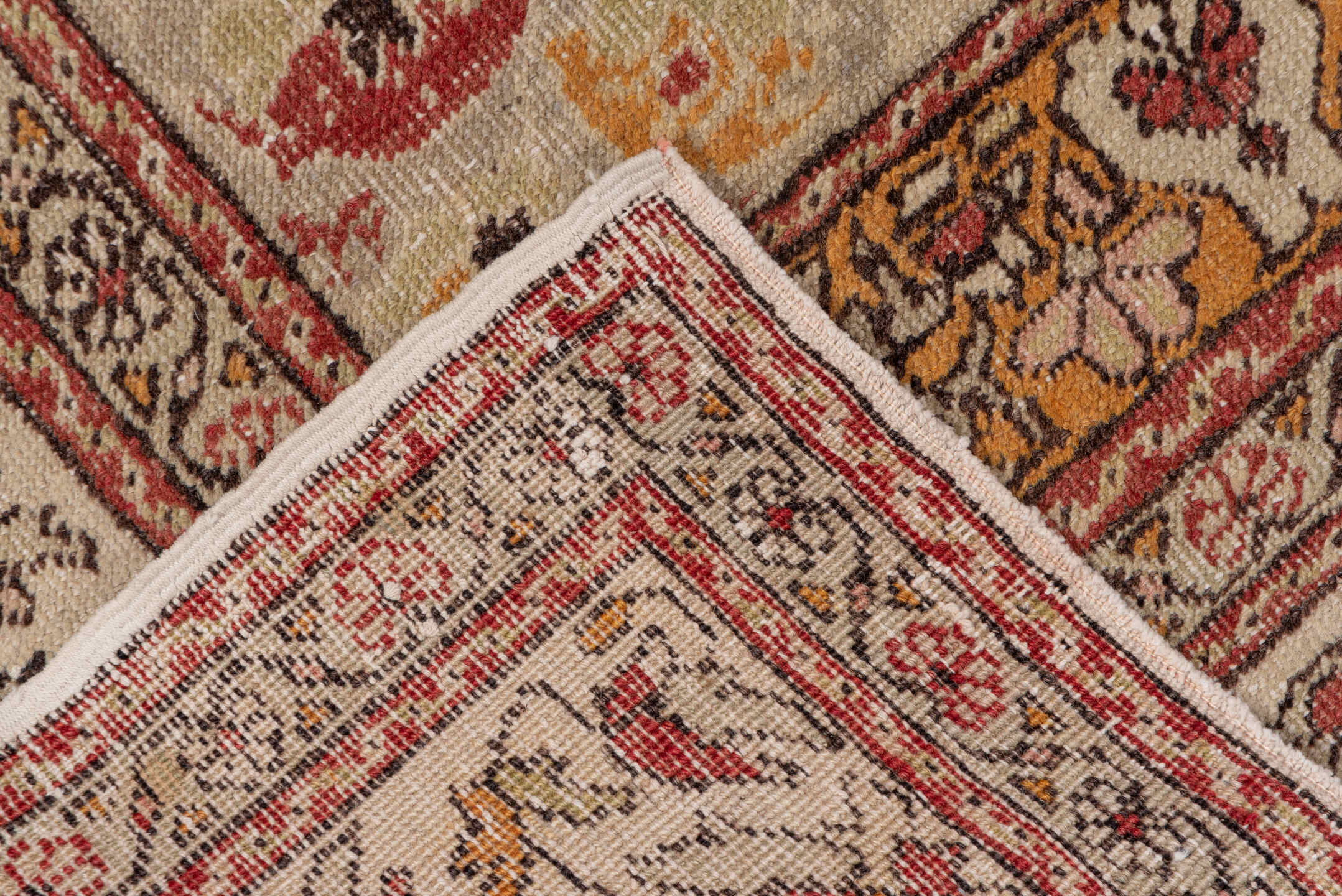 4' x 6' one-of-a-kind handmade vintage Oushak small size rug. Color palette: ivory, terra cotta, rust, gold, camel, sage