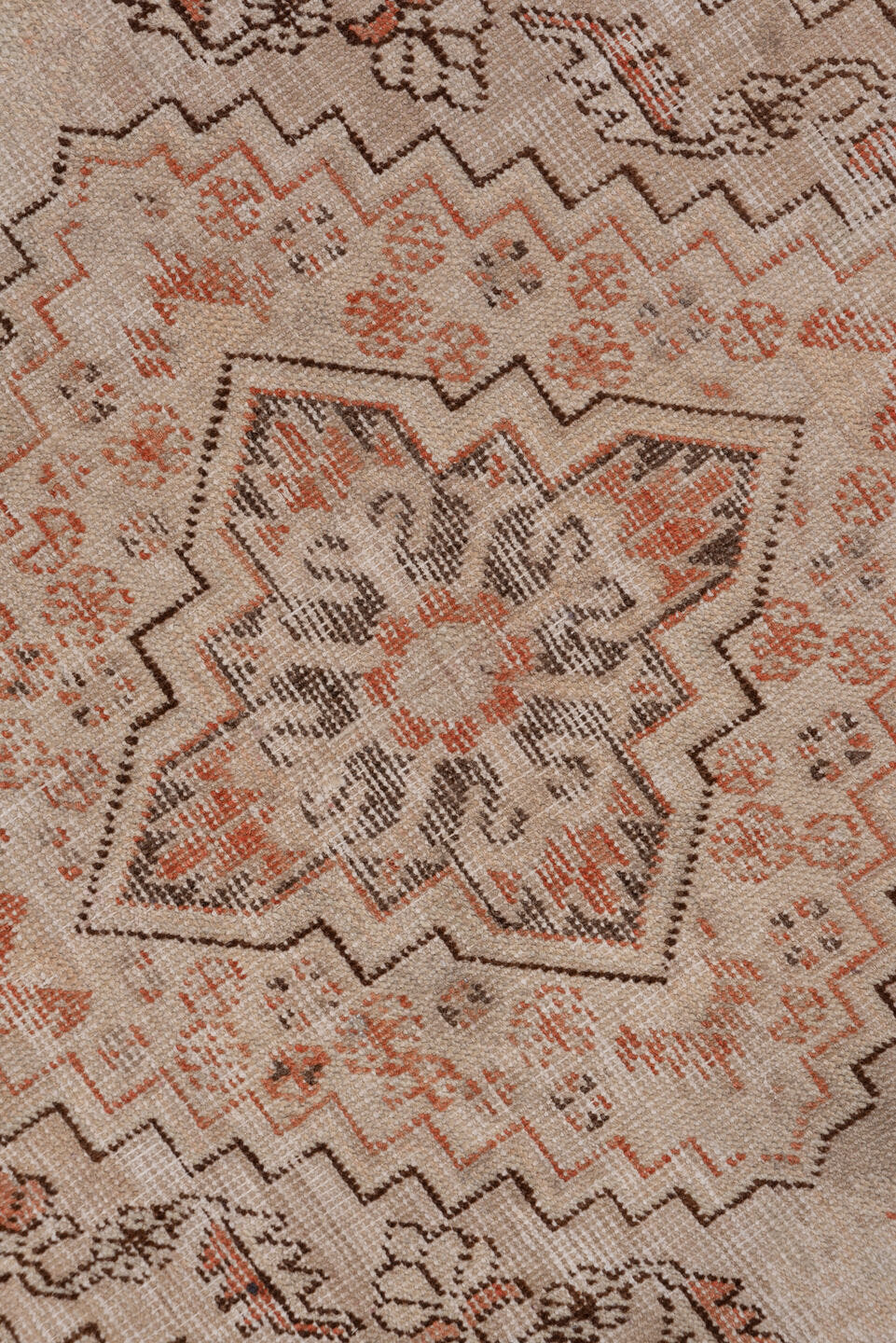 5' x 9' one-of-a-kind handmade antique Khotan medium size rug. Color palette: ivory, taupe, terra cotta, brown, peach