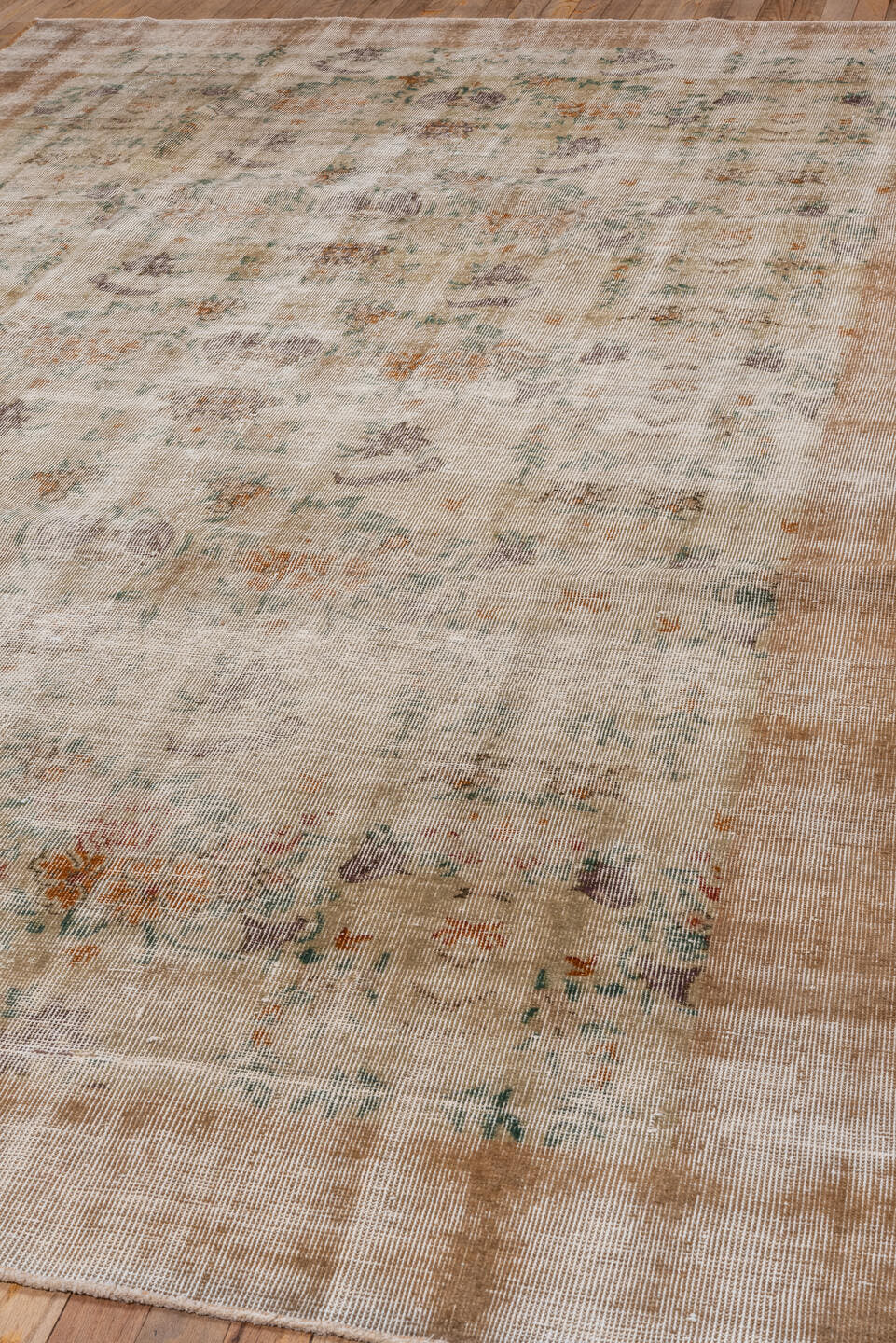 6' x 10' one-of-a-kind handmade vintage Oushak large size rug. Color palette: ivory, beige, taupe, sage, lavender, peach