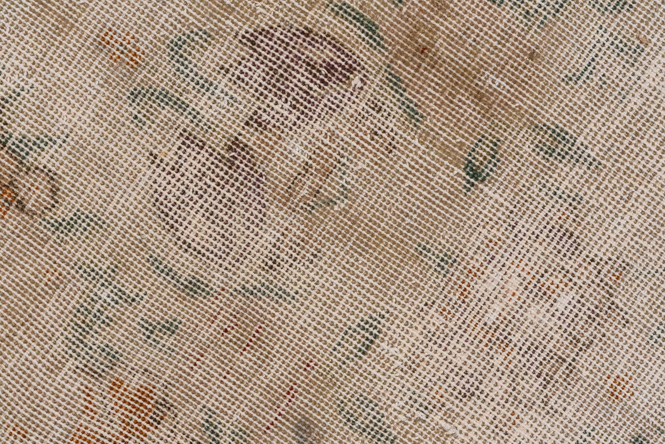6' x 10' one-of-a-kind handmade vintage Oushak large size rug. Color palette: ivory, beige, taupe, sage, lavender, peach