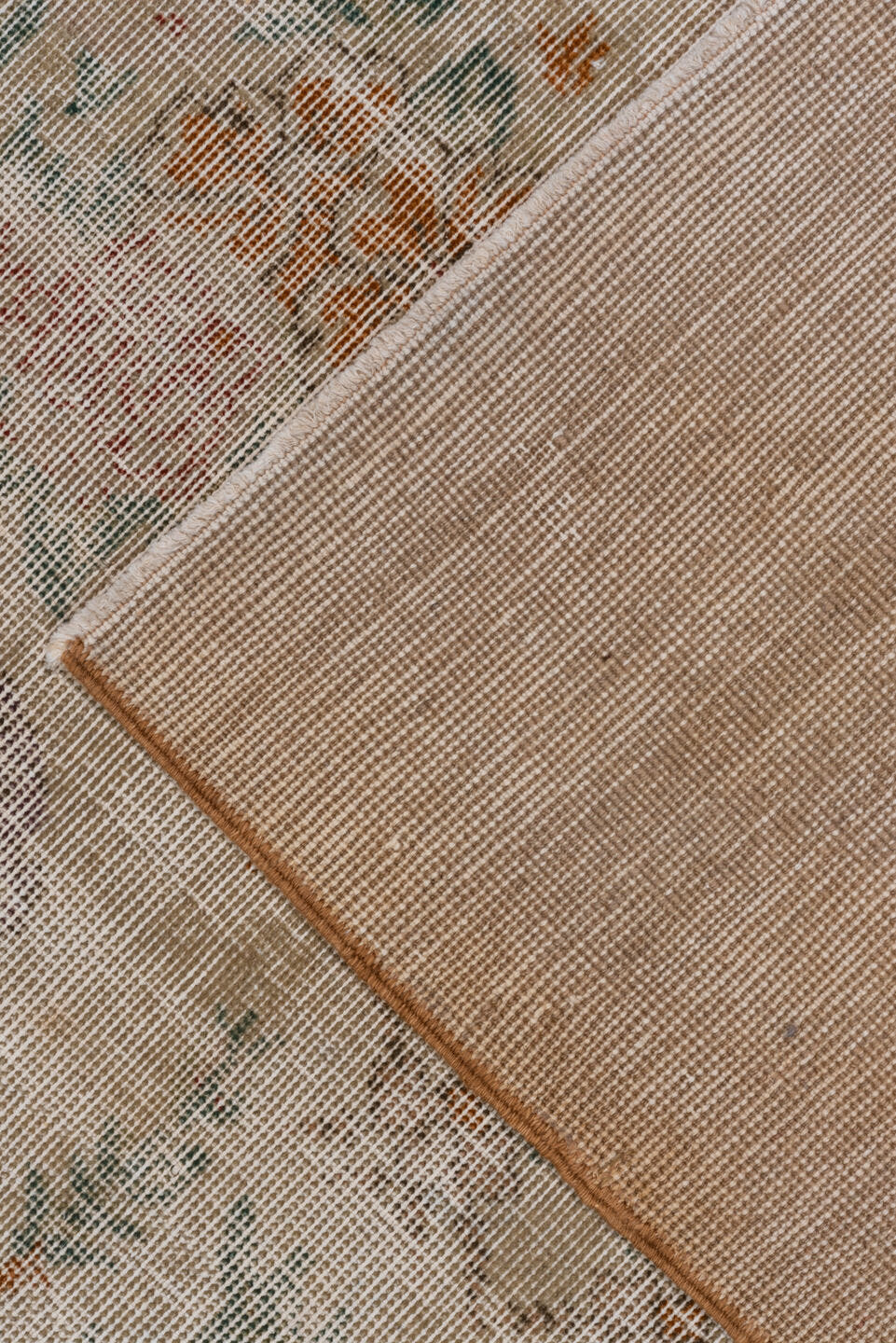 6' x 10' one-of-a-kind handmade vintage Oushak large size rug. Color palette: ivory, beige, taupe, sage, lavender, peach