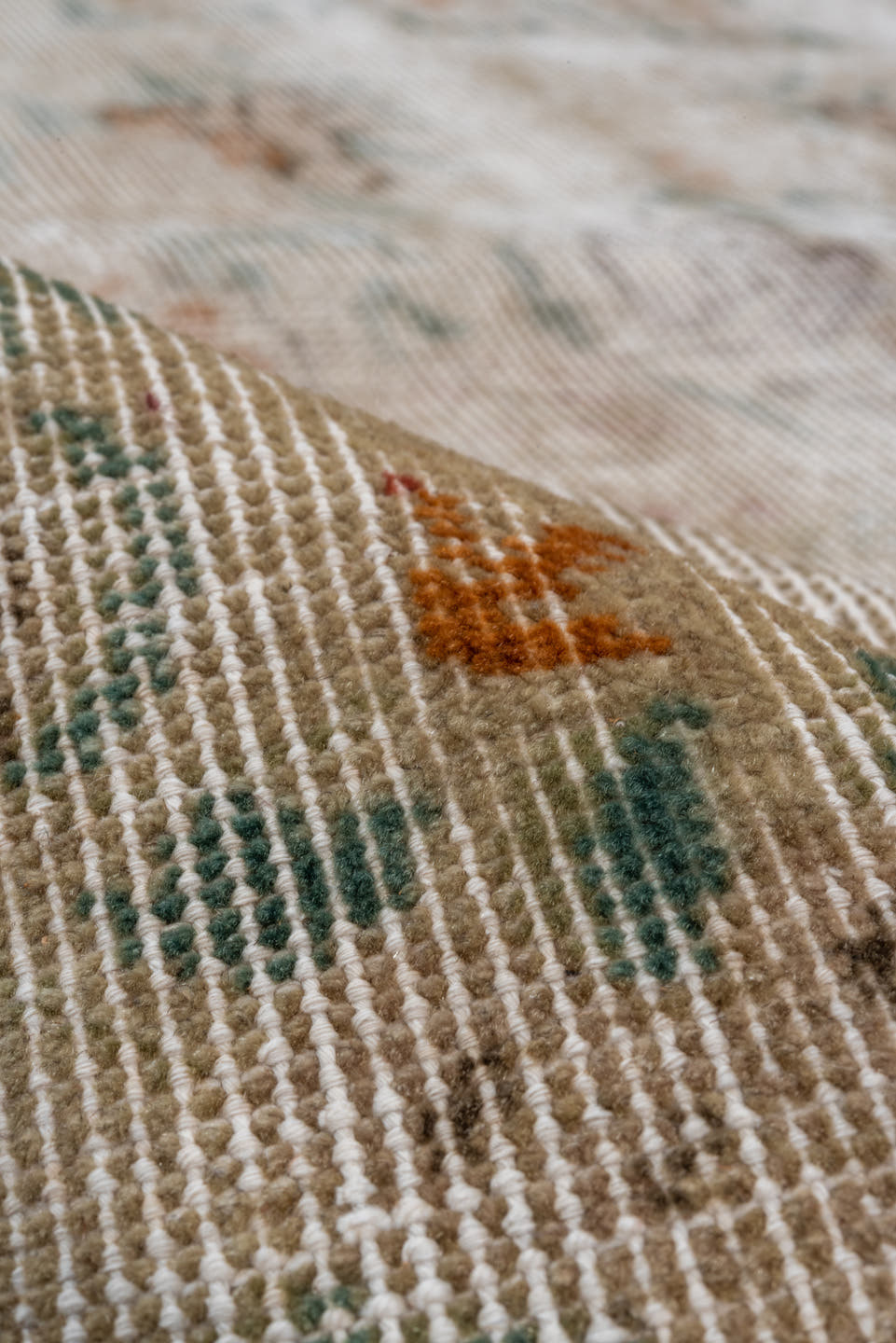 6' x 10' one-of-a-kind handmade vintage Oushak large size rug. Color palette: ivory, beige, taupe, sage, lavender, peach