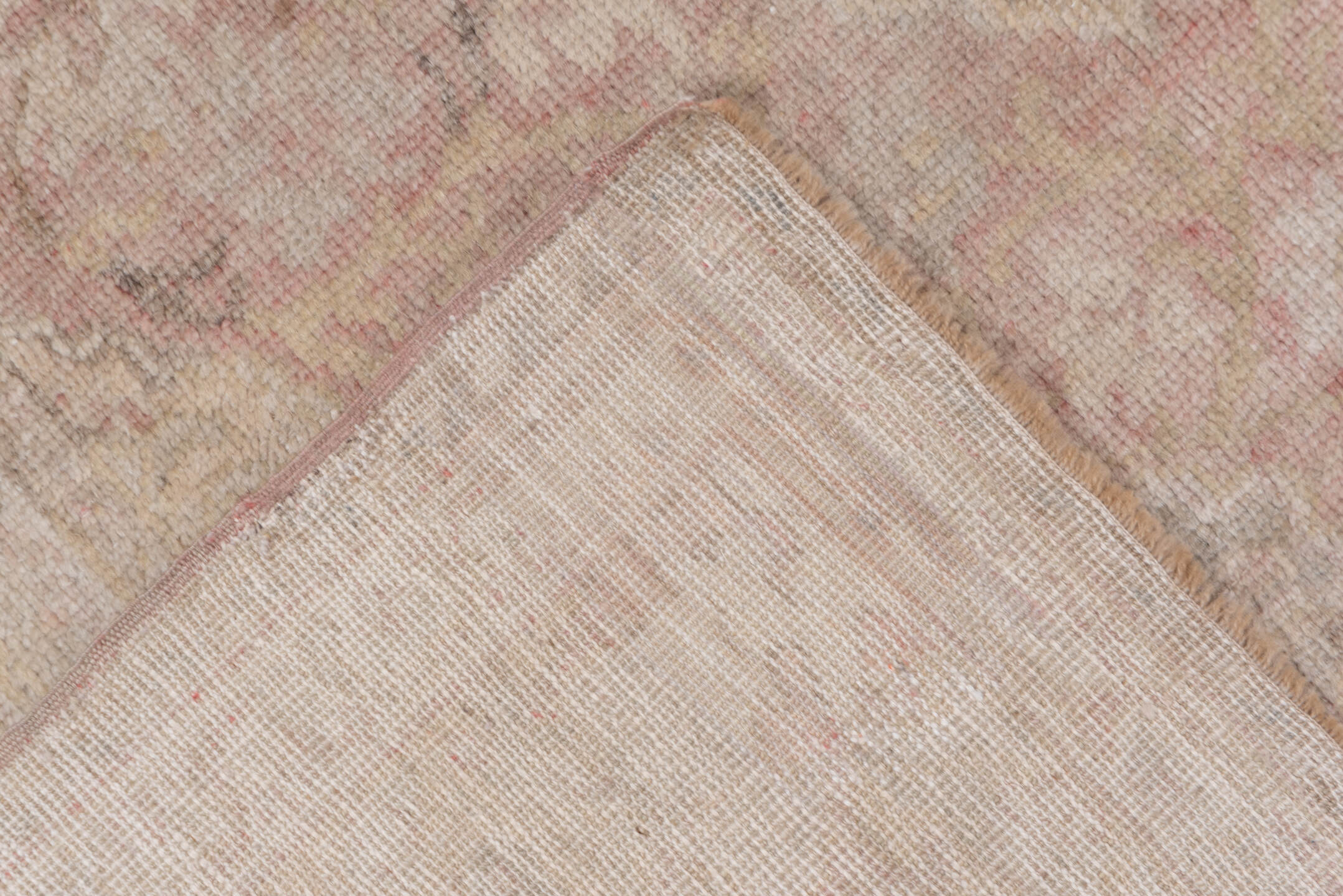 4' x 6' one-of-a-kind handmade vintage Oushak small size rug. Color palette: ivory, blush, taupe, beige, sand, rose, pink