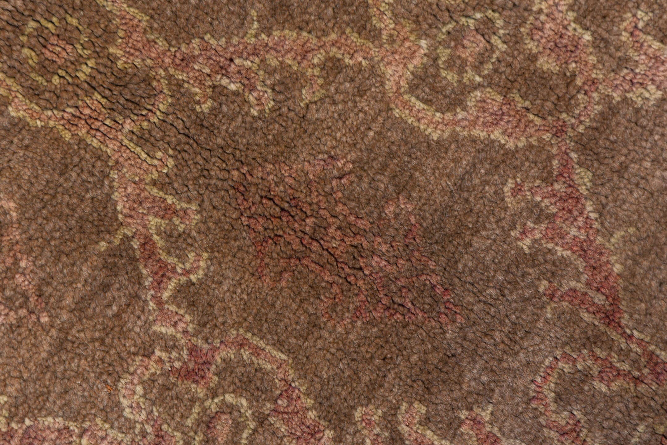4' x 8' one-of-a-kind handmade vintage Tulu rug. Color palette: taupe, camel, rose, ivory, beige, gray, pink, red