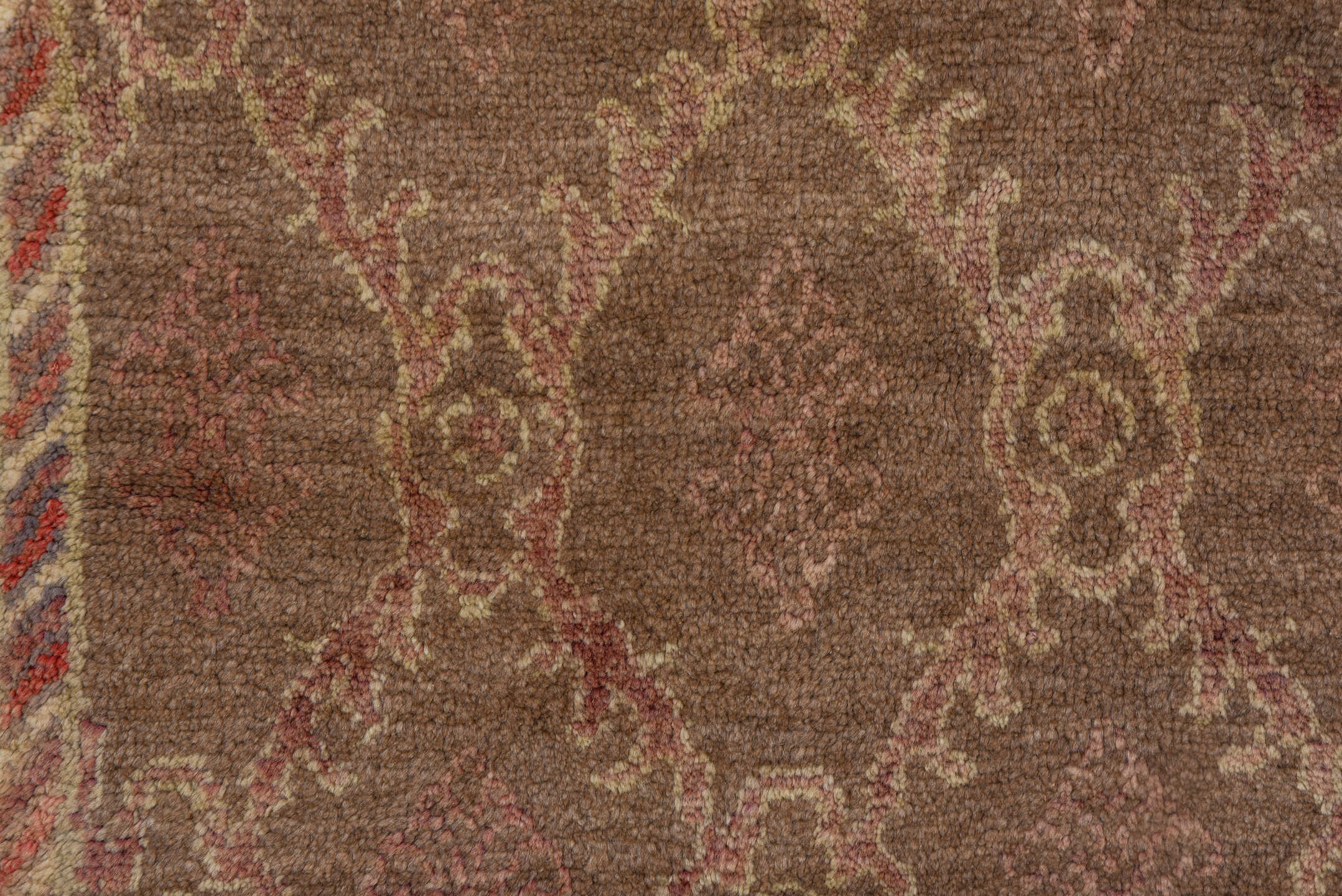 4' x 8' one-of-a-kind handmade vintage Tulu rug. Color palette: taupe, camel, rose, ivory, beige, gray, pink, red