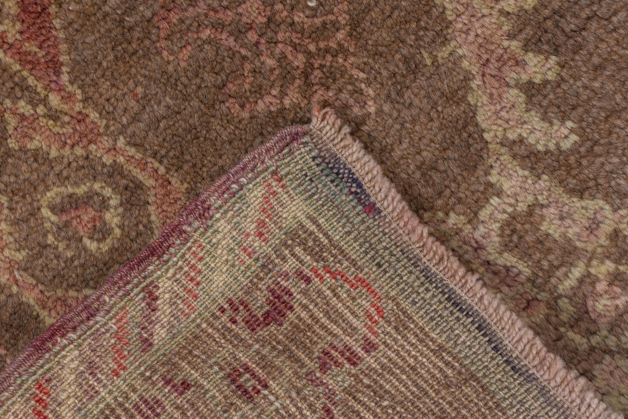 4' x 8' one-of-a-kind handmade vintage Tulu rug. Color palette: taupe, camel, rose, ivory, beige, gray, pink, red