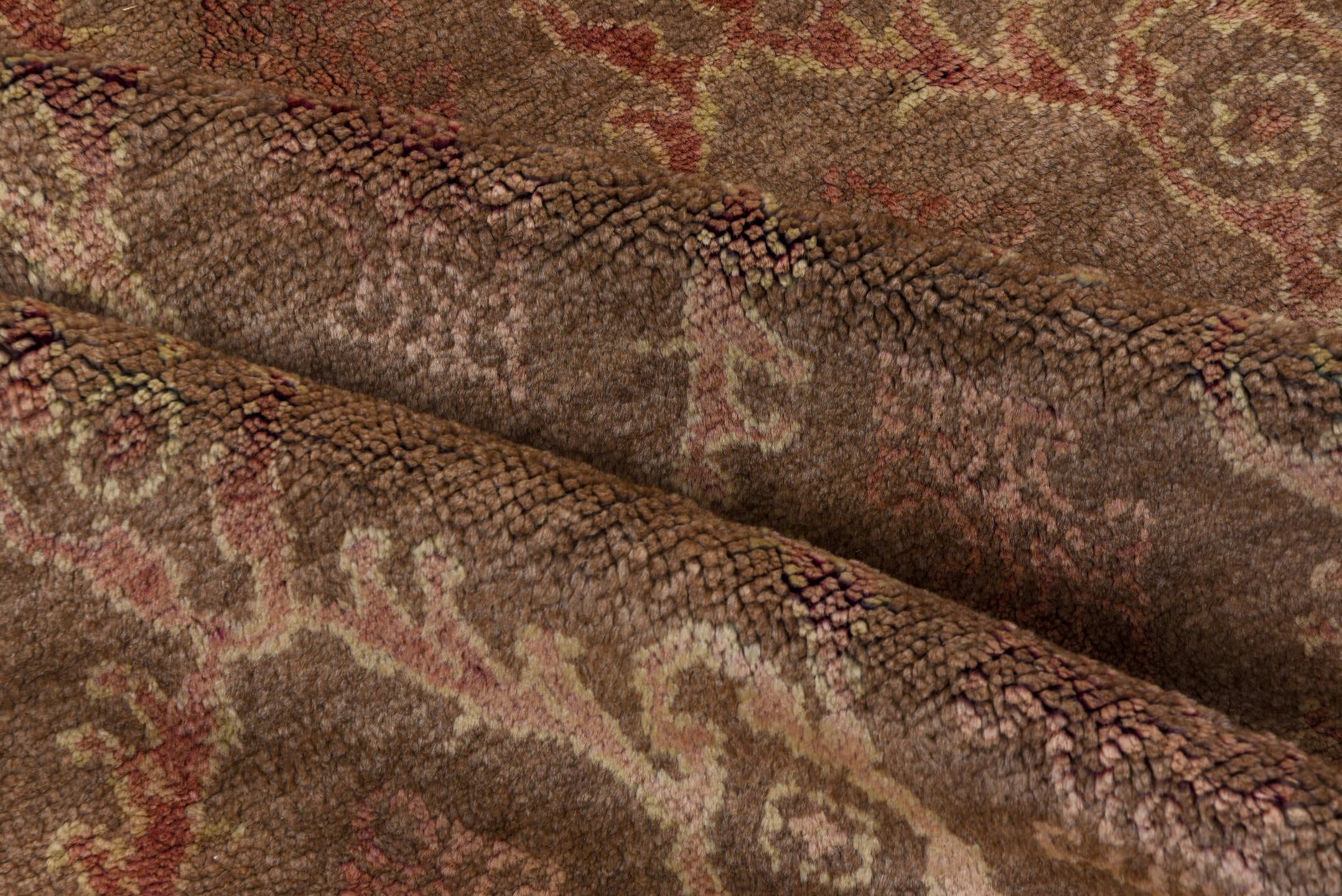 4' x 8' one-of-a-kind handmade vintage Tulu rug. Color palette: taupe, camel, rose, ivory, beige, gray, pink, red