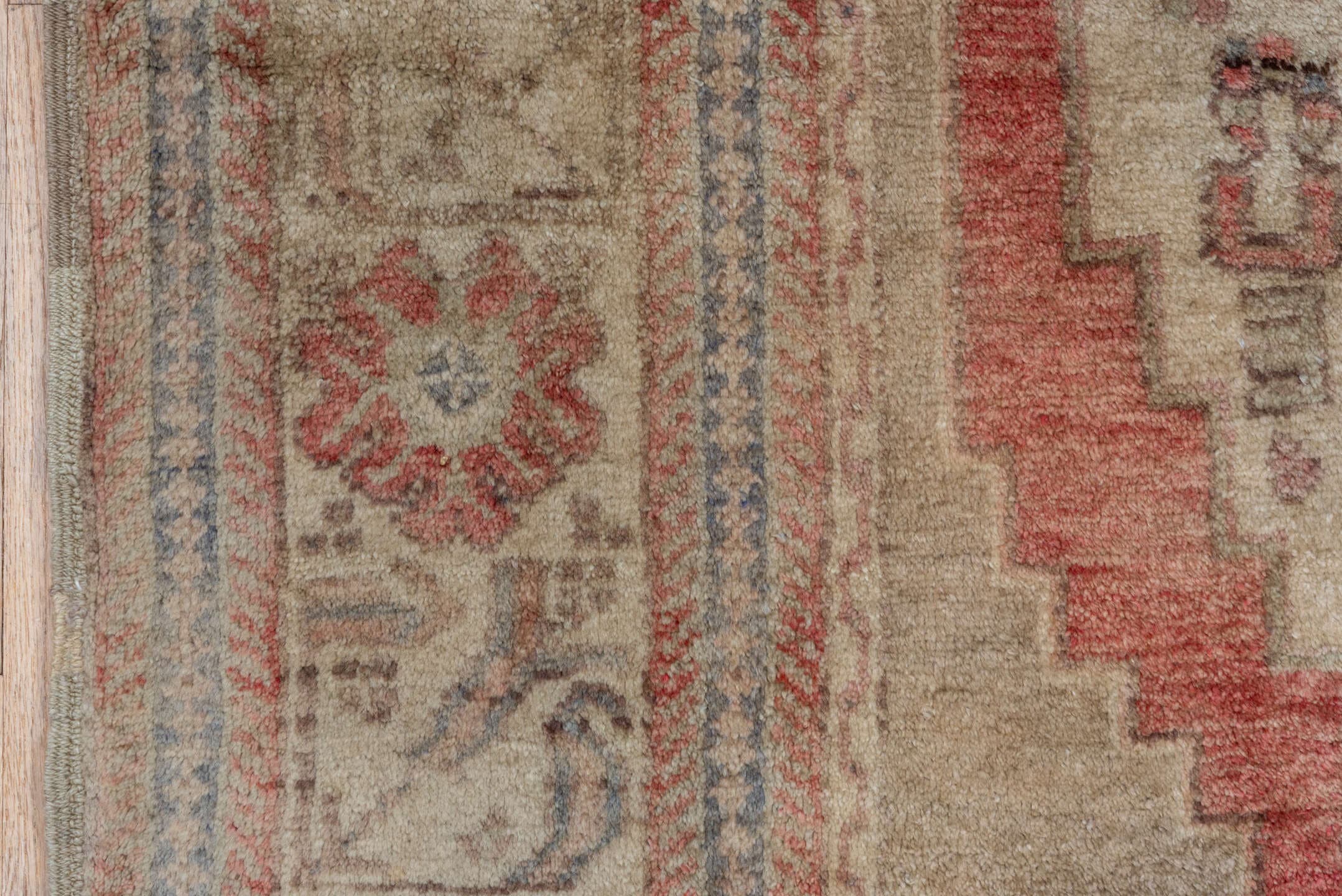 5' x 8' one-of-a-kind handmade vintage Oushak medium size rug. Color palette: taupe, ivory, coral, rose, slate, beige, gray