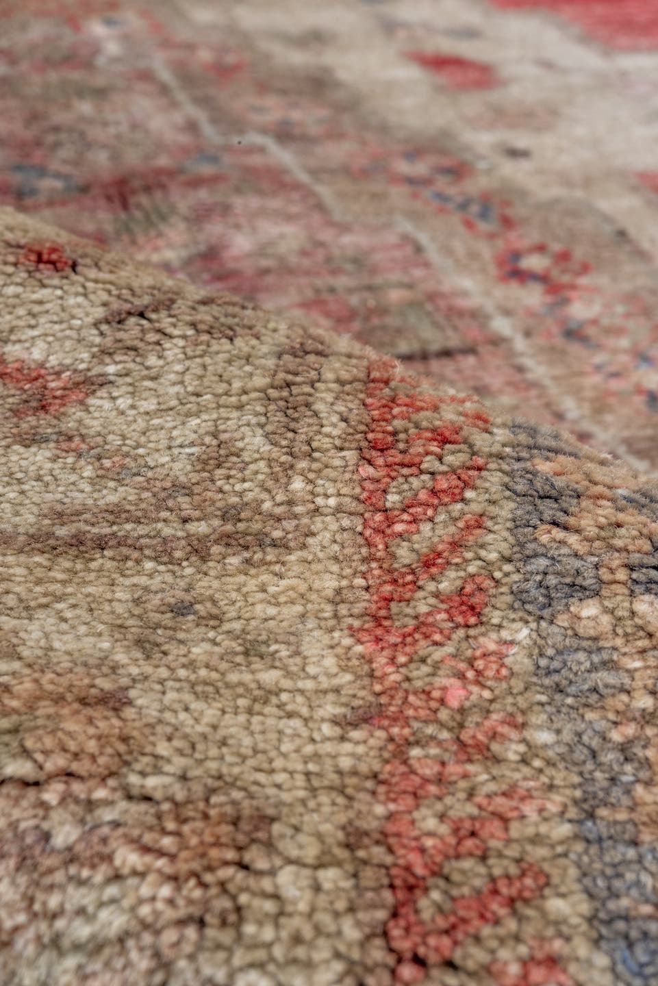 5' x 8' one-of-a-kind handmade vintage Oushak medium size rug. Color palette: taupe, ivory, coral, rose, slate, beige, gray