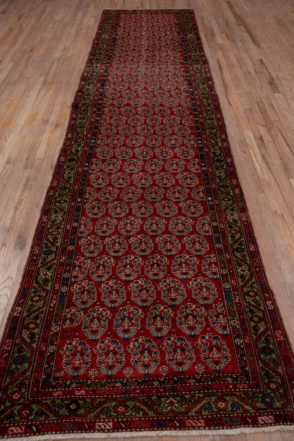 3' x 15' one-of-a-kind handmade antique Malayer runner rug. Color palette: rust, indigo, ivory, olive, burgundy, camel, navy
