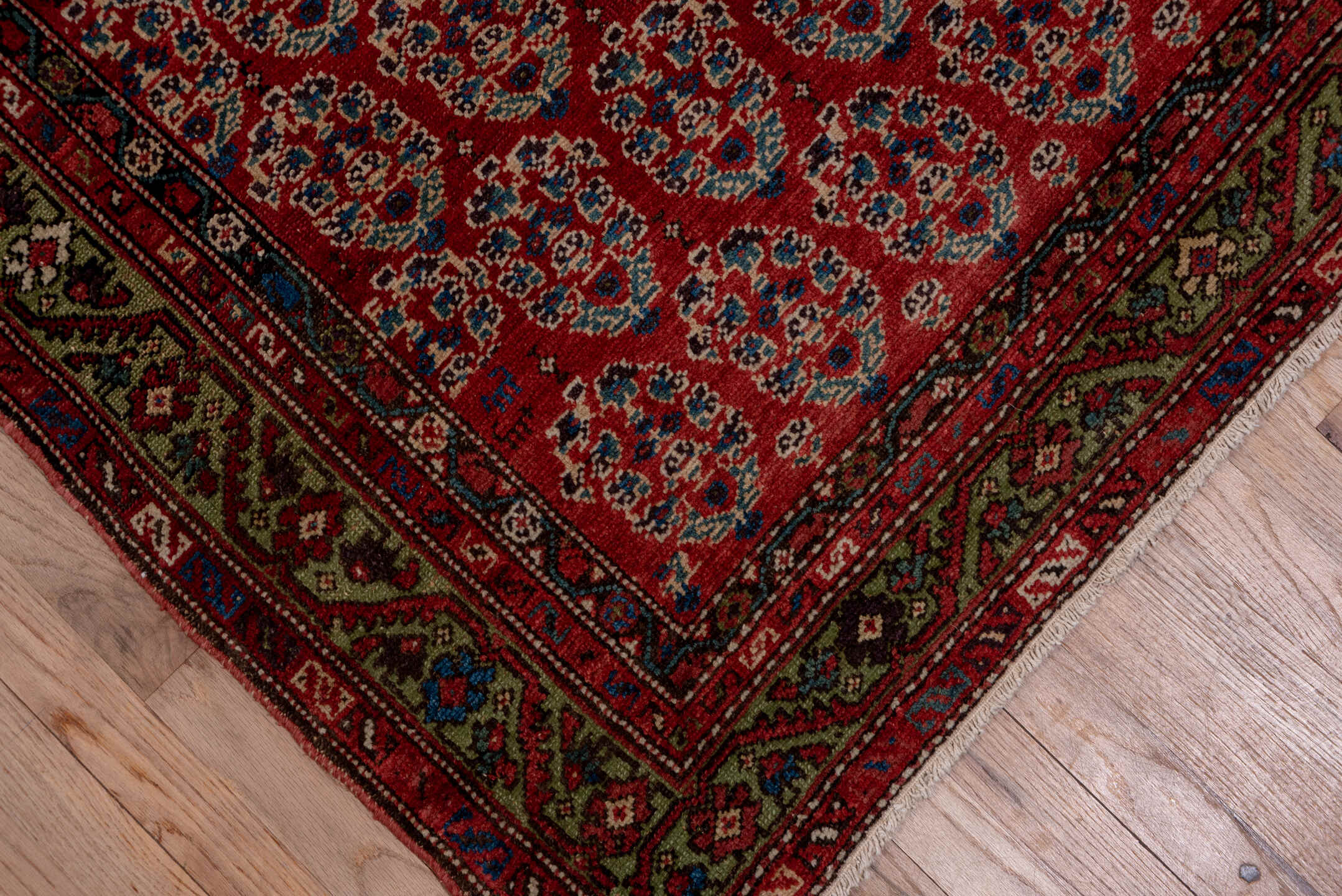 3' x 15' one-of-a-kind handmade vintage Malayer runner rug. Color palette: brown, gray, pink, red