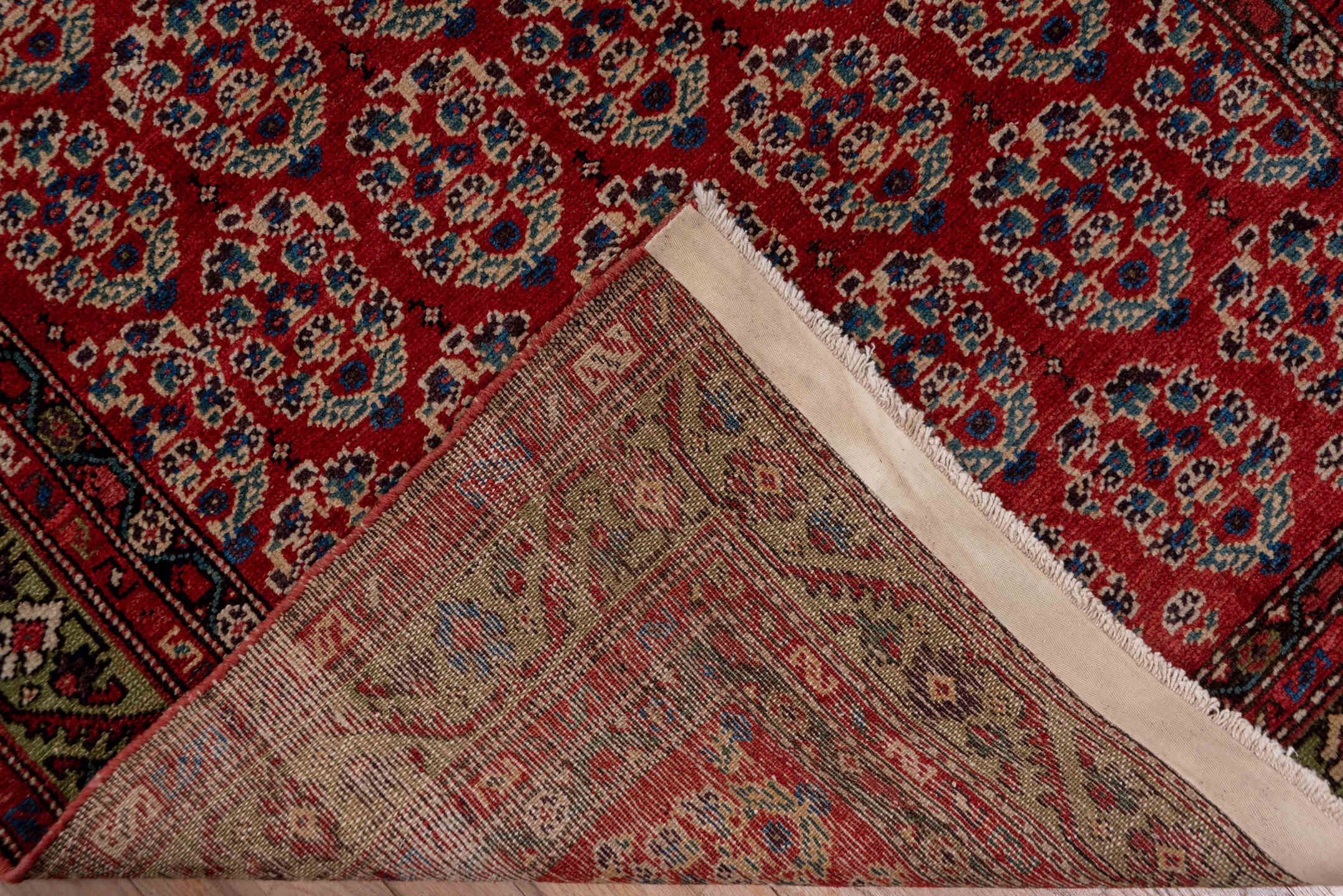 3' x 15' one-of-a-kind handmade vintage Malayer runner rug. Color palette: brown, gray, pink, red