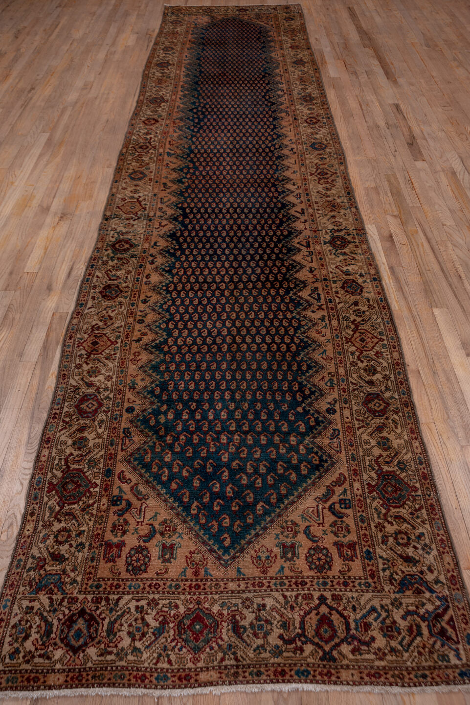 3' x 16' one-of-a-kind handmade vintage Malayer runner rug. Color palette: blue, brown, dim gray, gray, off-white, pink
