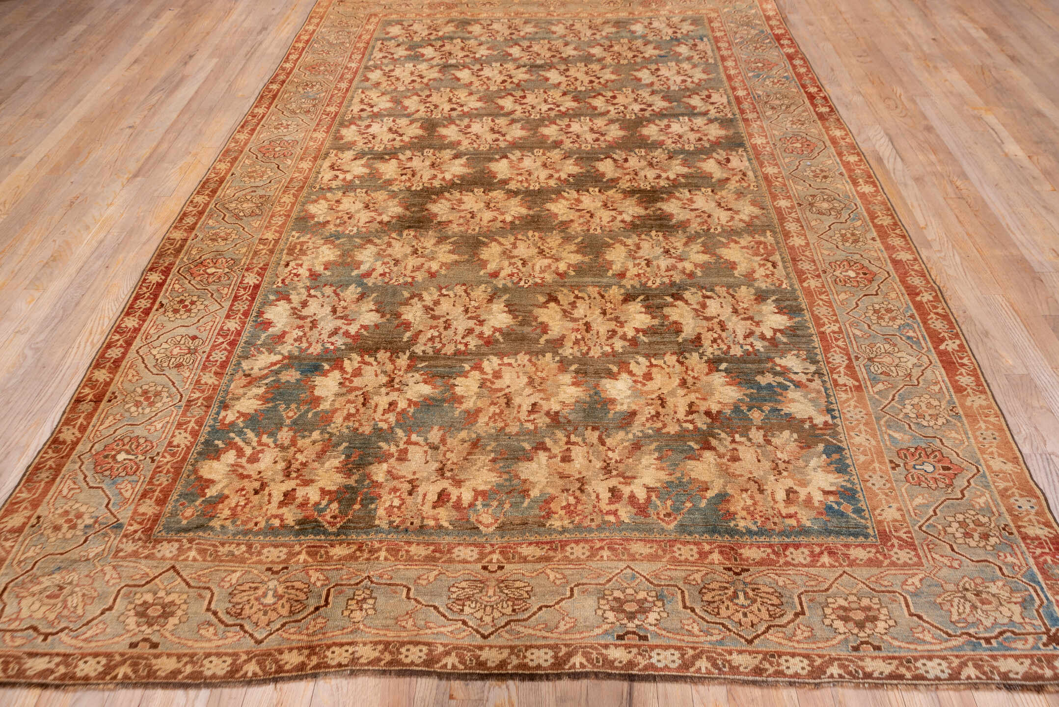 6' x 10' one-of-a-kind handmade antique Baktiary large size rug. Color palette: ivory, taupe, rust, blue_gray, rose, camel