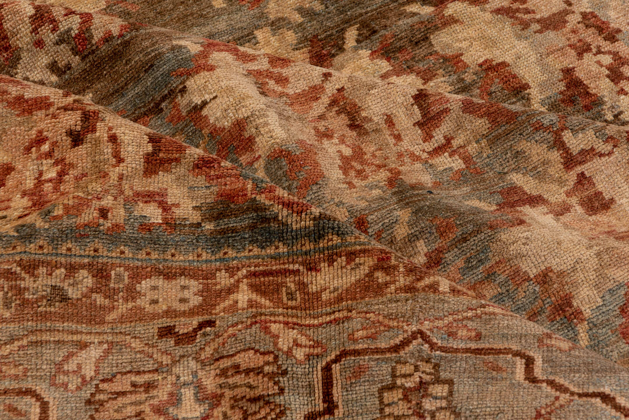 6' x 10' one-of-a-kind handmade antique Baktiary large size rug. Color palette: ivory, taupe, rust, blue_gray, rose, camel