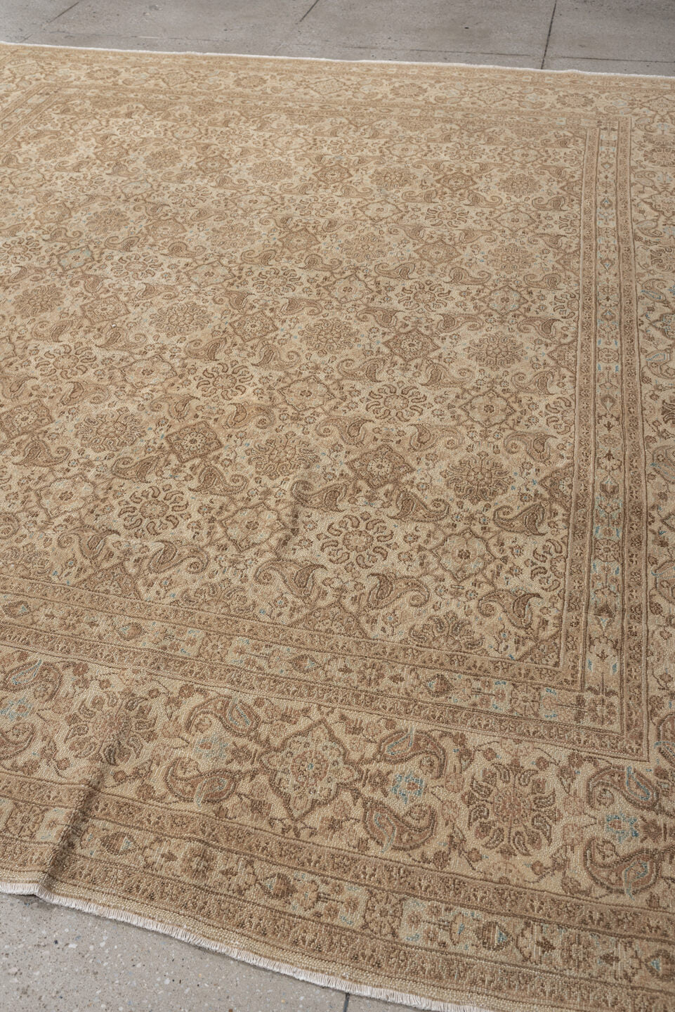 8' x 9' one-of-a-kind handmade vintage Kazvin large size rug. Color palette: taupe, ivory, beige, camel, pale blue, sand