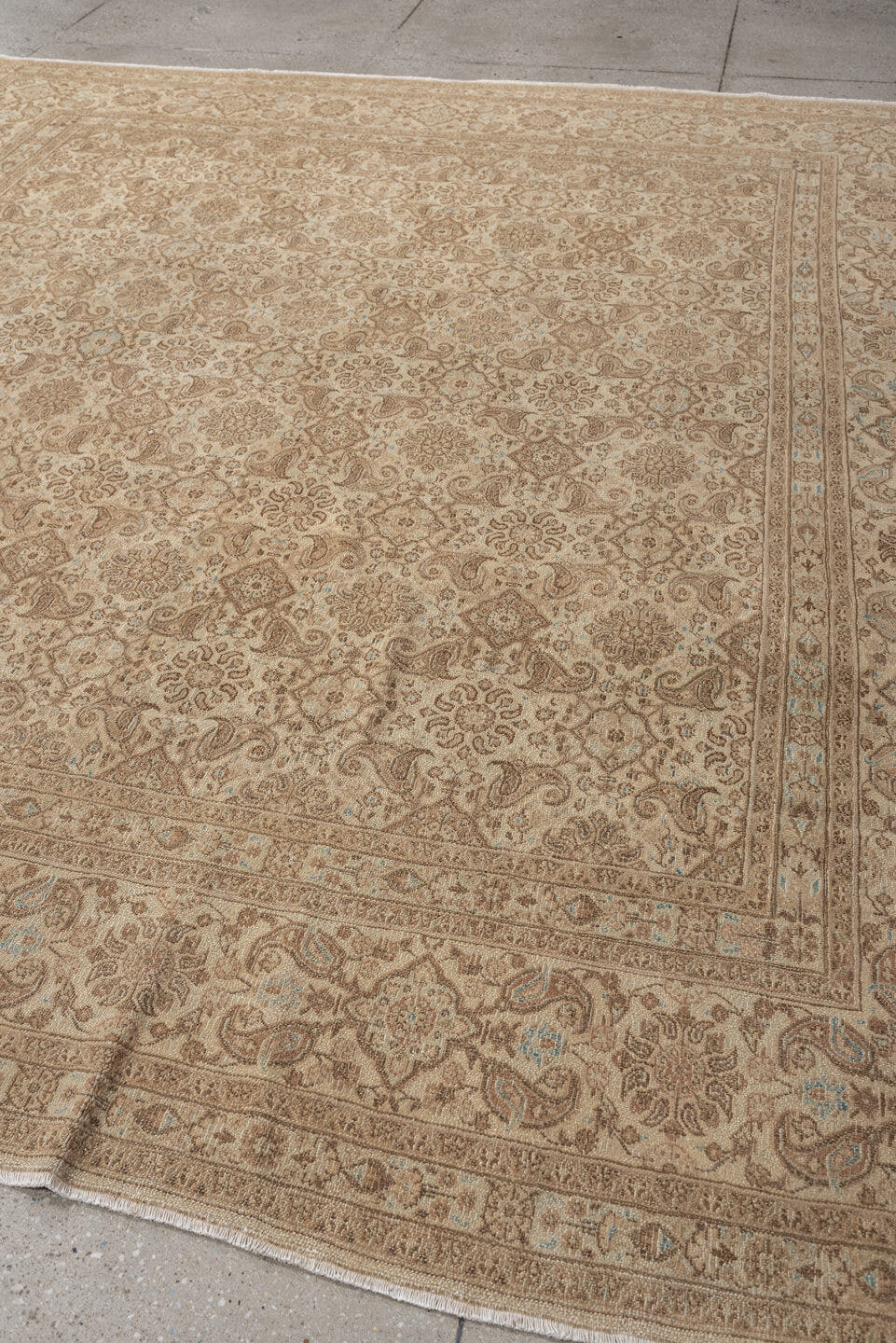 8' x 9' one-of-a-kind handmade vintage Kazvin large size rug. Color palette: beige, taupe, camel, ivory, light blue, brown