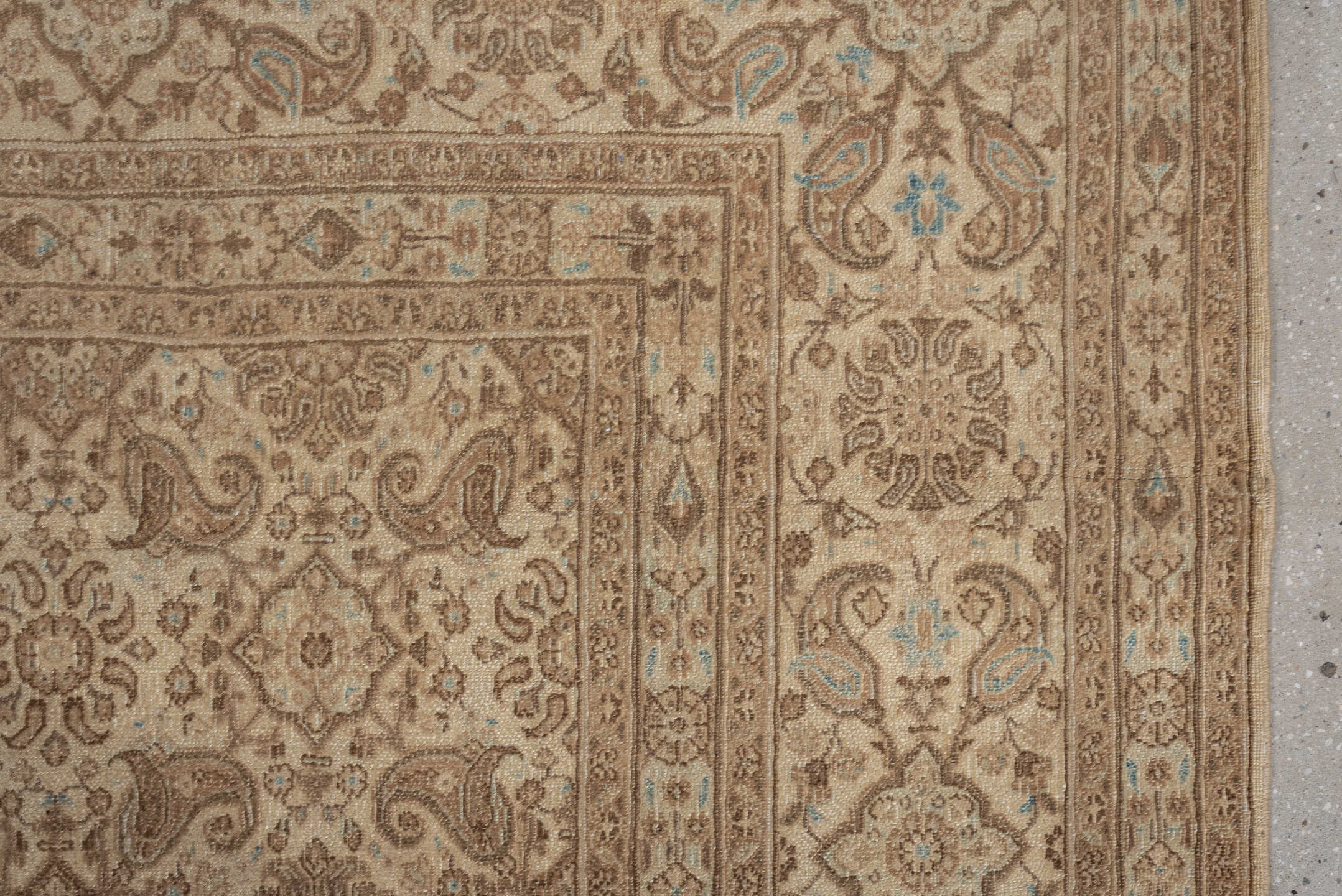 8' x 9' one-of-a-kind handmade vintage Kazvin large size rug. Color palette: taupe, ivory, beige, camel, pale blue, sand