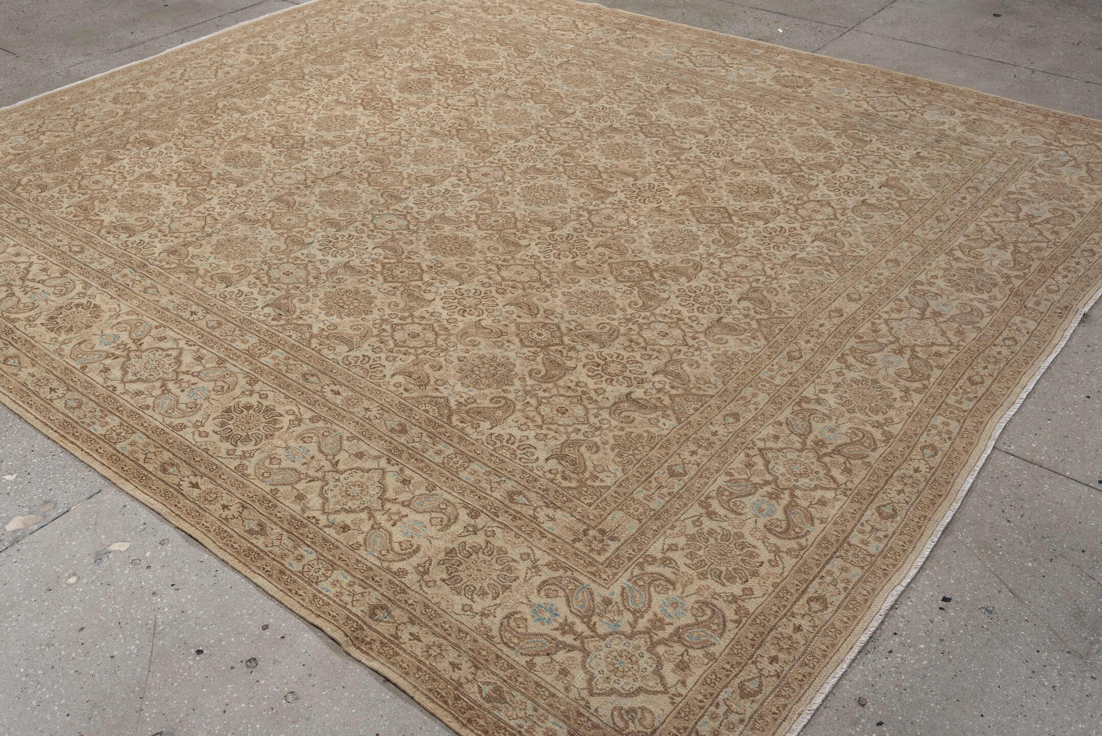 8' x 9' one-of-a-kind handmade vintage Kazvin large size rug. Color palette: beige, taupe, camel, ivory, light blue, brown