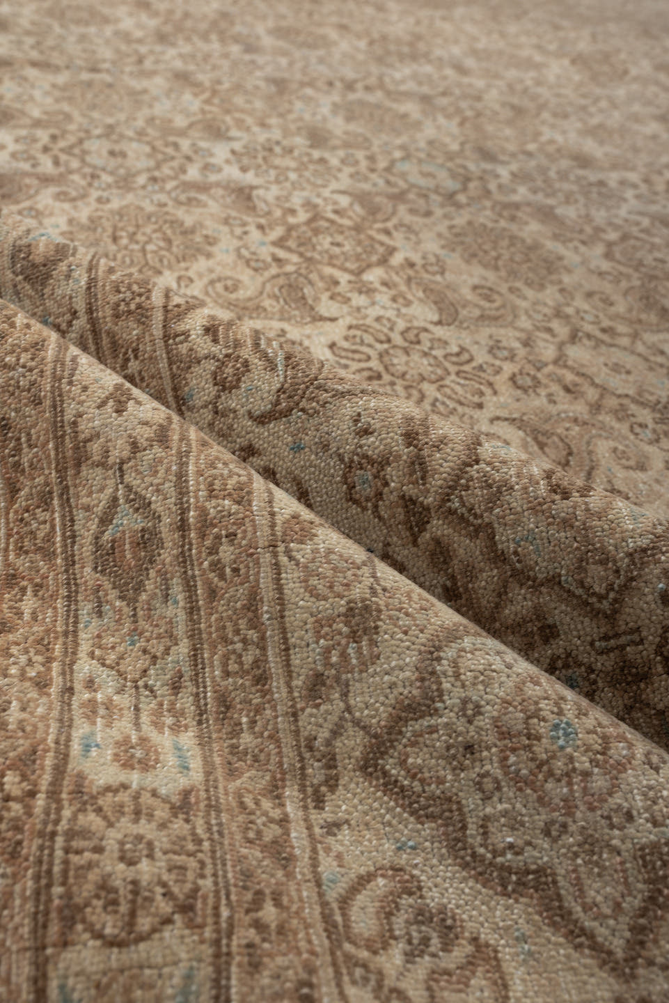 8' x 9' one-of-a-kind handmade vintage Kazvin large size rug. Color palette: taupe, ivory, beige, camel, pale blue, sand
